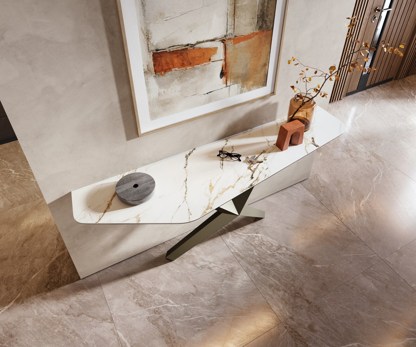 Konsolentisch Edge Polygonal 180x50 cm Keramik Calacatta Luxe Weiß-Gold-Grau Zentharo Metall Effektfinish Titan 1