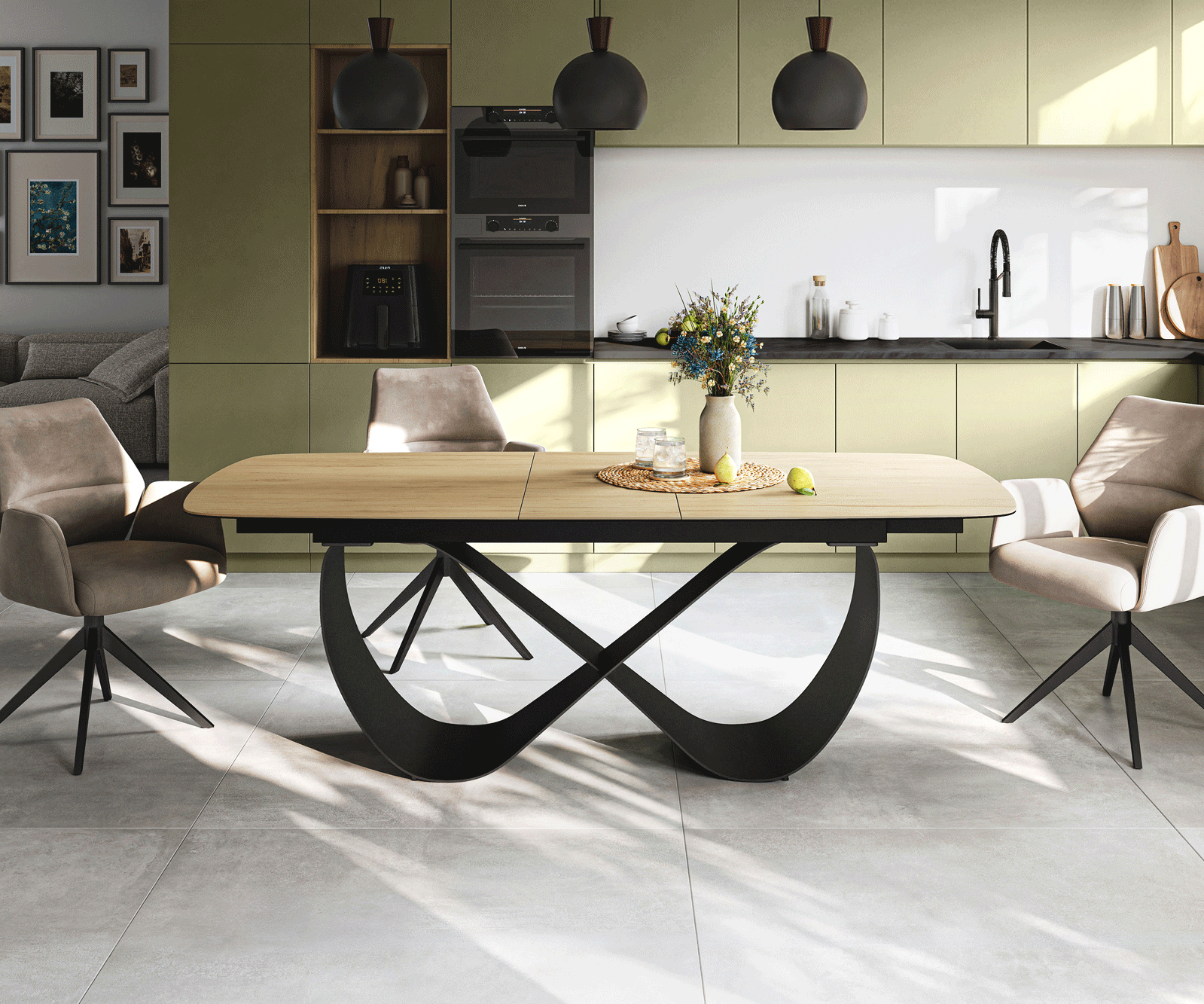 Esstisch Edge Boot 180-220x100 cm Keramik Laminam® Sabbia Eichefarbig Infinity Metall Schwarz ausziehbar 2