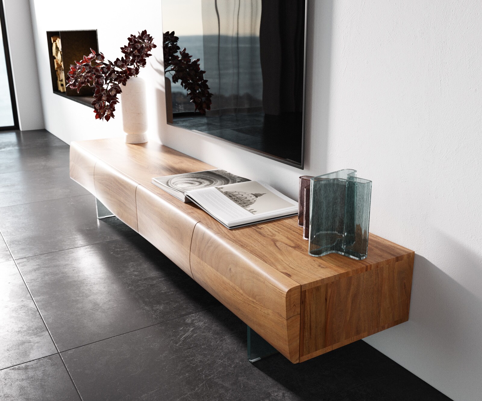 Lowboard New Live-Edge 200 cm Akazie Natur 4 Türen Glasfuß 1