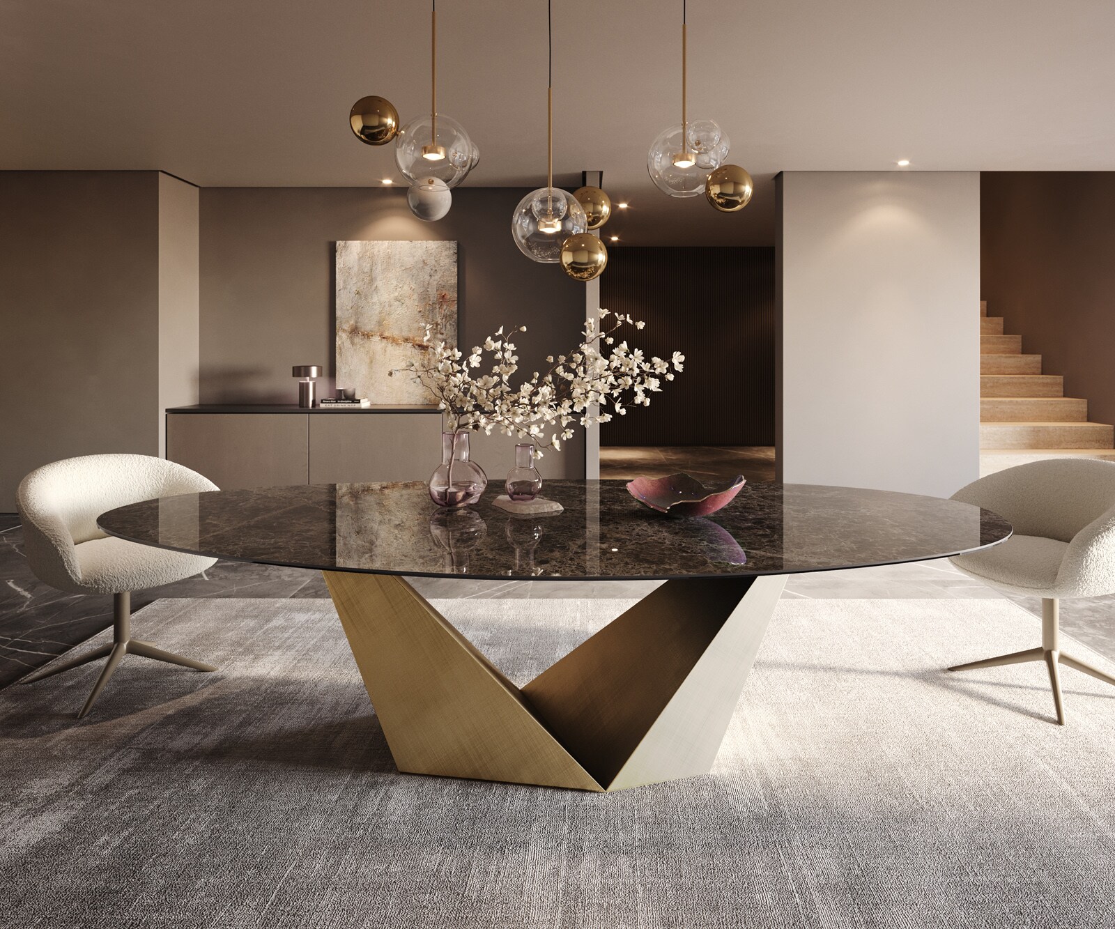 Esstisch Edge Oval 280x130 Keramik Emperador Extra Lucidato Dunkelbraun Prisma Metallic Gold 2