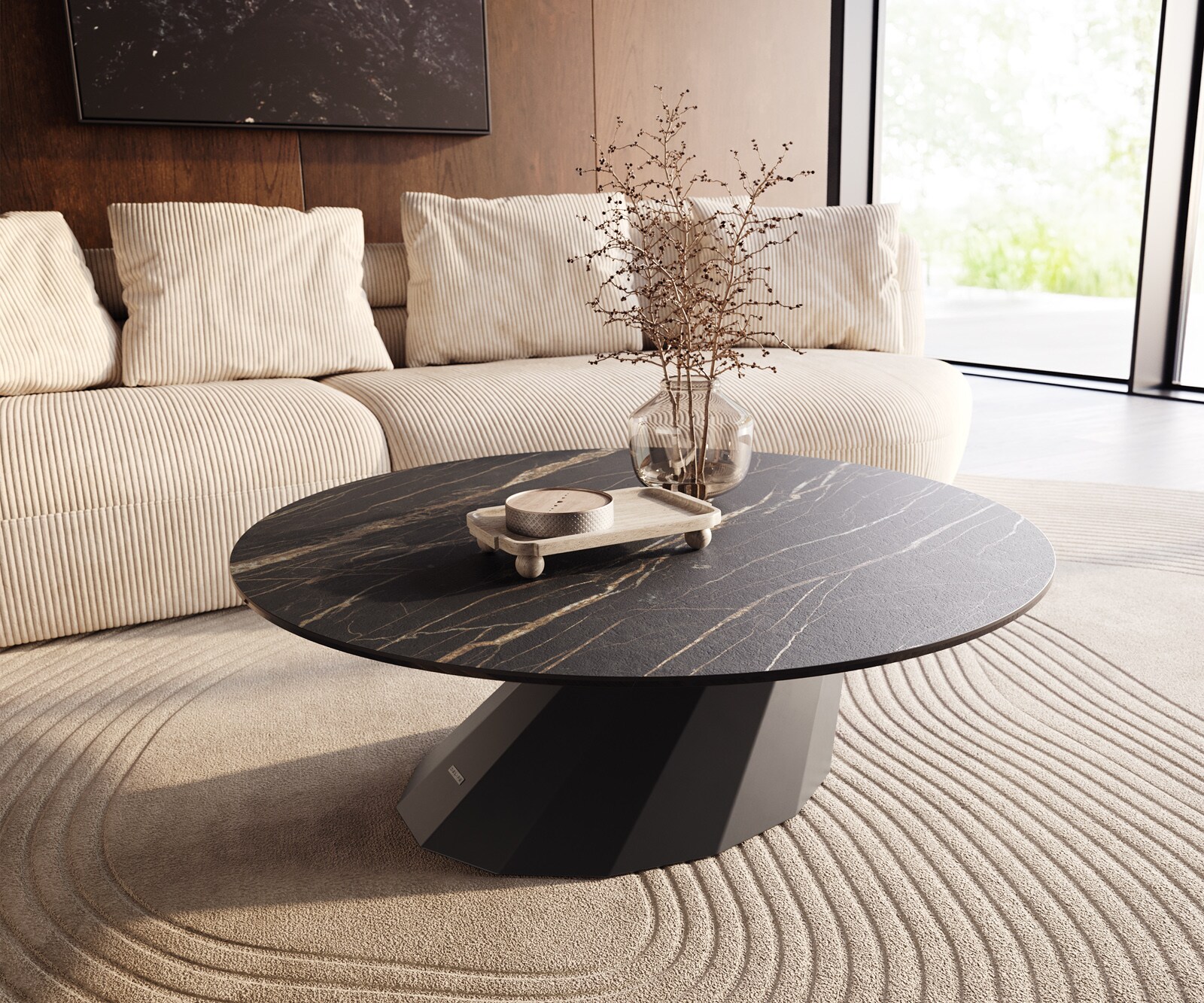 Couchtisch Edge Rund 100x100 cm Keramik Laminam® Noir Desir Braun Parabi Metall Schwarz