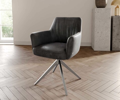 Drehstuhl Xana-Flex mit Armlehnen Mikrofaser Anthrazit Vintage Kreuzgestell breit Edelstahl 360° drehbar Taschenfederkern