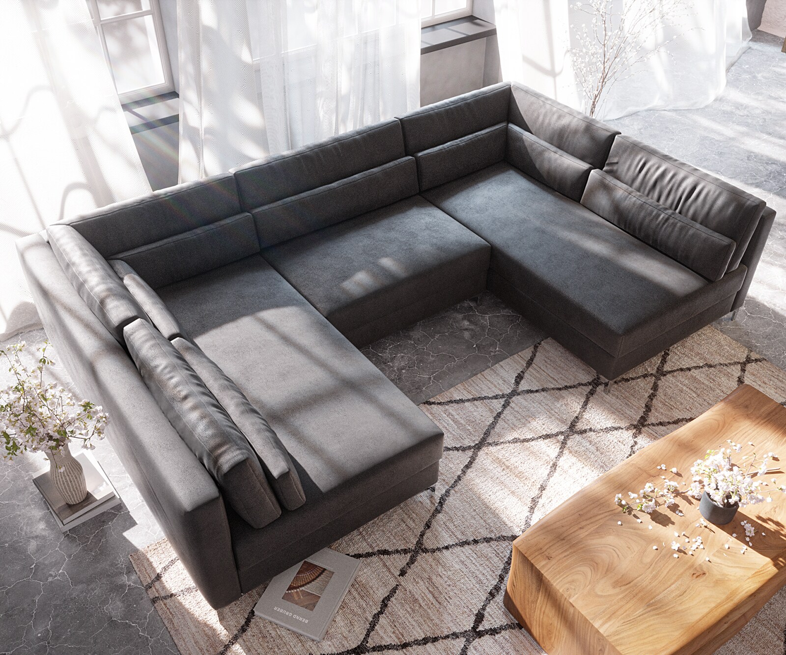 Wohnlandschaft Elio 300x185 cm Lederimitat Vintage Anthrazit mit Hocker 4