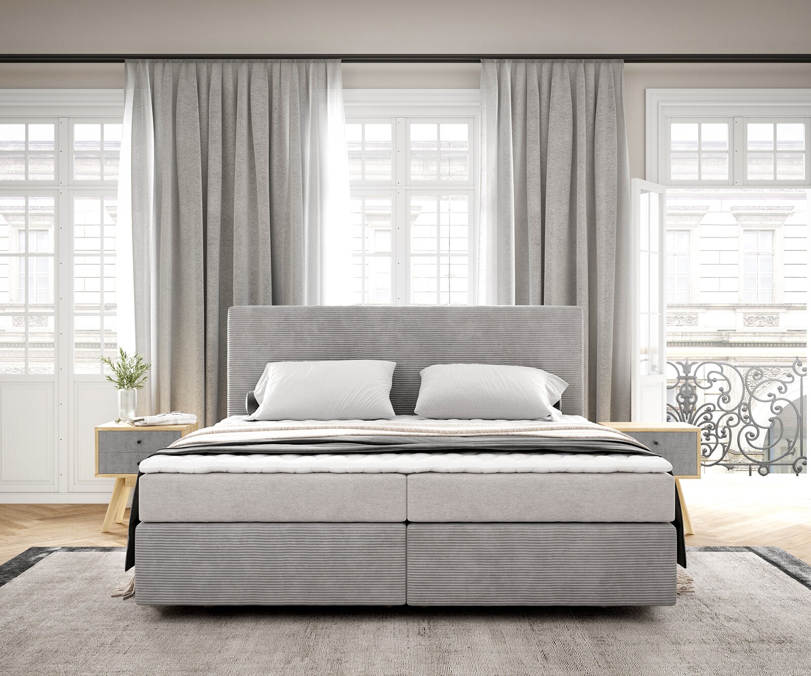 Boxspringbett Dream-Well 180x200 cm Cord Silbergrau mit Matratze und Topper 1