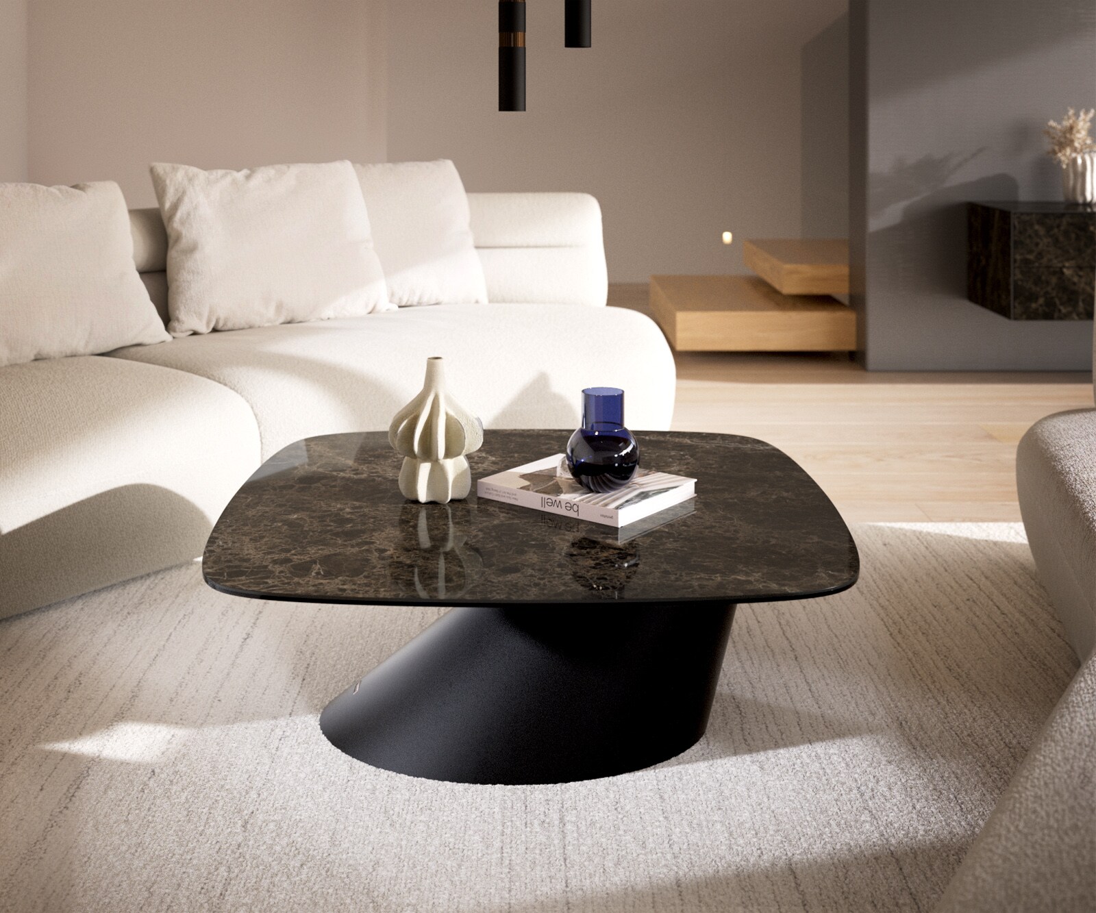 Couchtisch Edge Boot 90x90 cm Keramik Emperador Extra Lucidato Dunkelbraun Conis Metall Schwarz 1