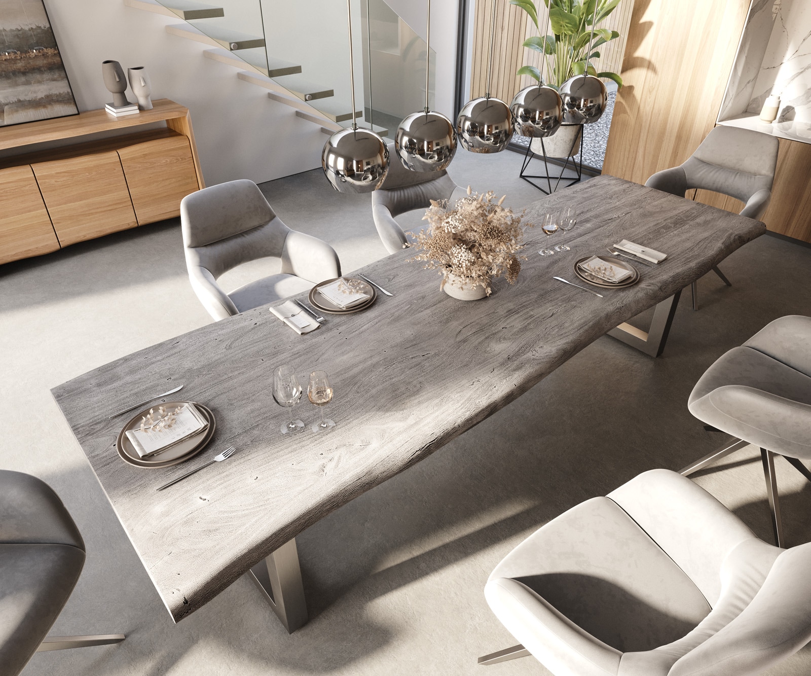 Esstisch Edge 300x100 XL Akazie Platin Edelstahl Breit Live-Edge 3 Esstisch Edge 300x100 XL Akazie Platin Edelstahl Breit Live-Edge 3