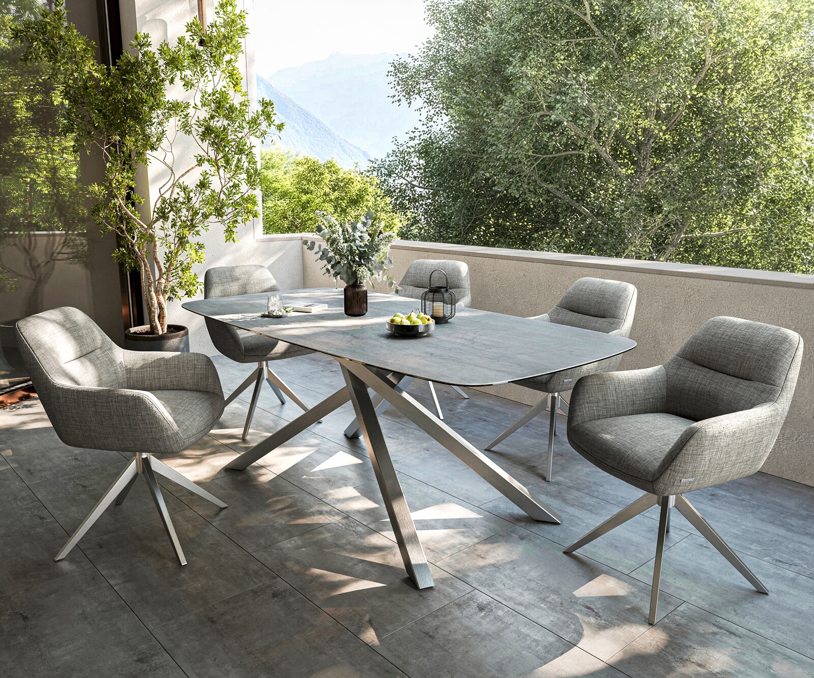 Outdoortisch Edge Boot 200x100 cm Keramik Beton Grau Kreuzgestell Rechteck Edelstahl 6