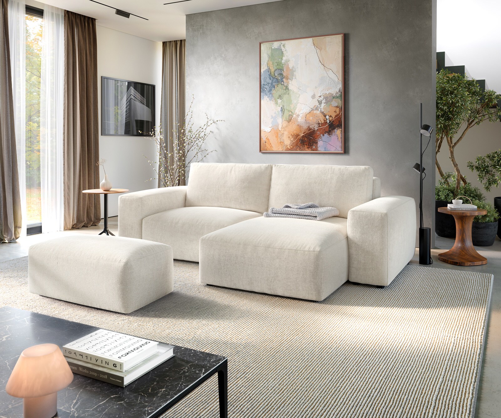 Ecksofa Lanzo 230x155 cm Strukturstoff Soft Beige Recamiere variabel mit Hocker