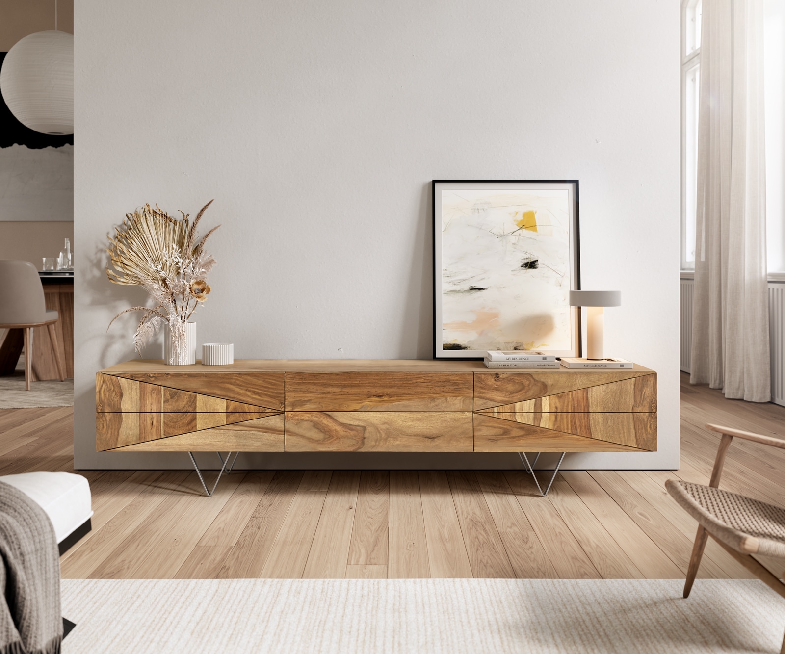 Designer-Lowboard Wyatt 175 cm Sheesham Natur 2 Türen 1 Klappe