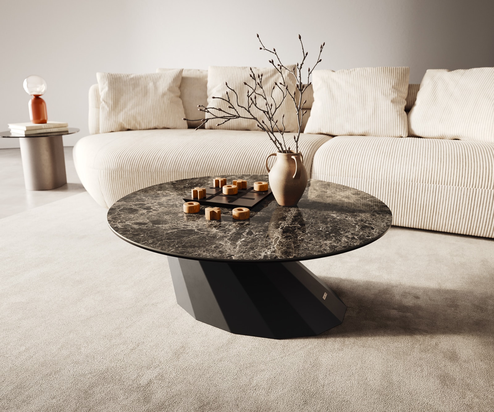 Couchtisch Edge Rund 90x90 cm Keramik Emperador Extra Lucidato Dunkelbraun Parabi Metall Schwarz