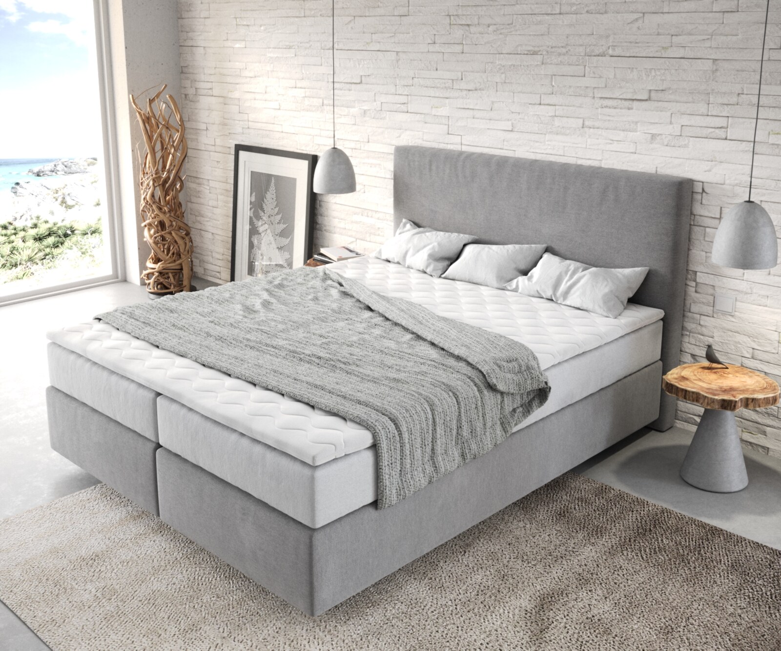 Boxspringbett Dream-Well 160x200 cm Mikrofaser Grau mit TFK Matratze und Visco Topper 3