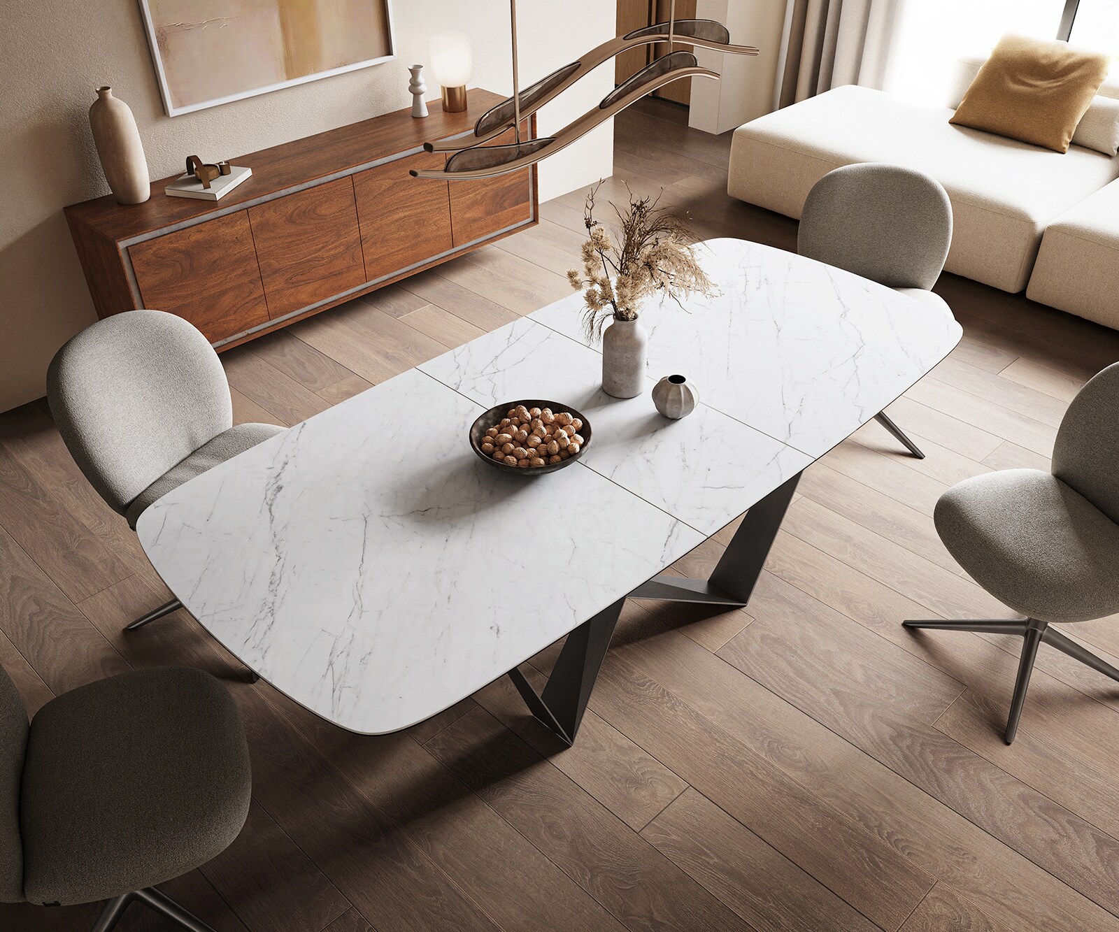 Esstisch Edge Boot 180-220x100 cm Keramik Laminam® Statuarietto Weiß Spider Flachstahl Edelstahl Graphit ausziehbar 4
