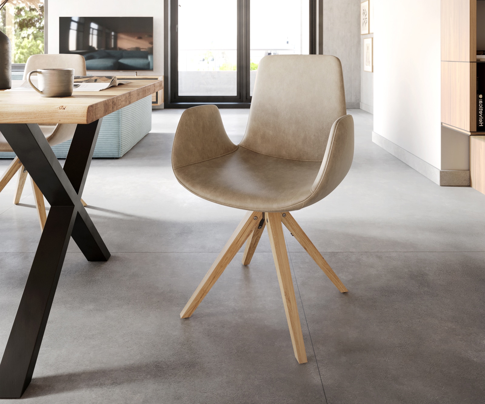 Esszimmerstuhl Ilia-Flex mit Armlehnen Mikrofaser Beige Vintage Holzgestell günstig online kaufen