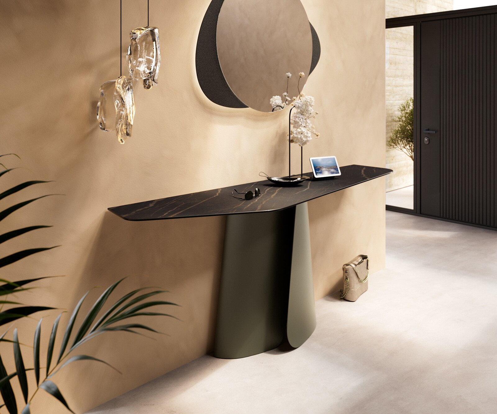 Konsolentisch Edge Polygonal 180x50 cm Keramik Laminam® Noir Desir Braun Livos Metall Effektfinish Titan 4