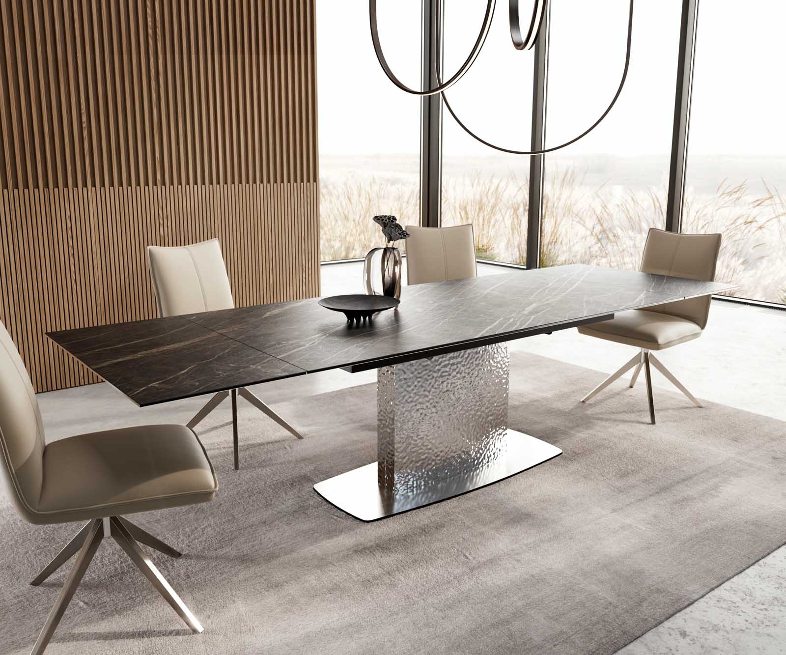 Esstisch Edge 200-300x100 Keramik Laminam®Noir Desir Braun Wave Edelstahl ausziehbar 6