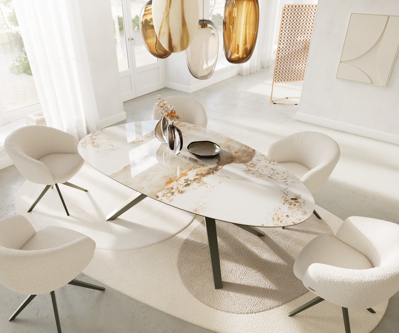 Esstisch Edge Oval 220x120 Keramik Minas Melange Weiß-Beige Zenthara kantig Metall Effektfinish Titan 4