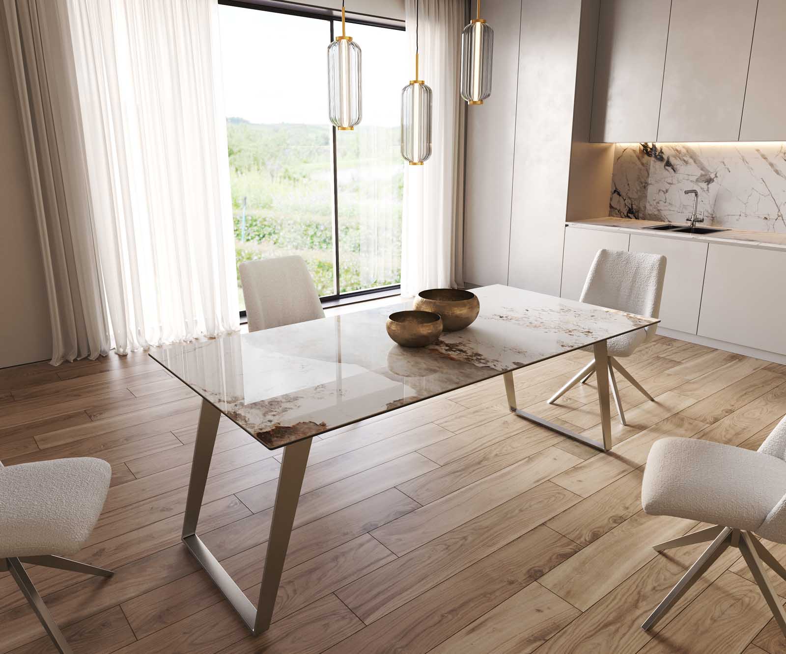 Esstisch Edge 200x100 Keramik Minas Melange Weiß-Beige Edelstahl Schräg Esstisch Edge 200x100 Keramik Minas Melange Weiß-Beige Edelstahl Schräg