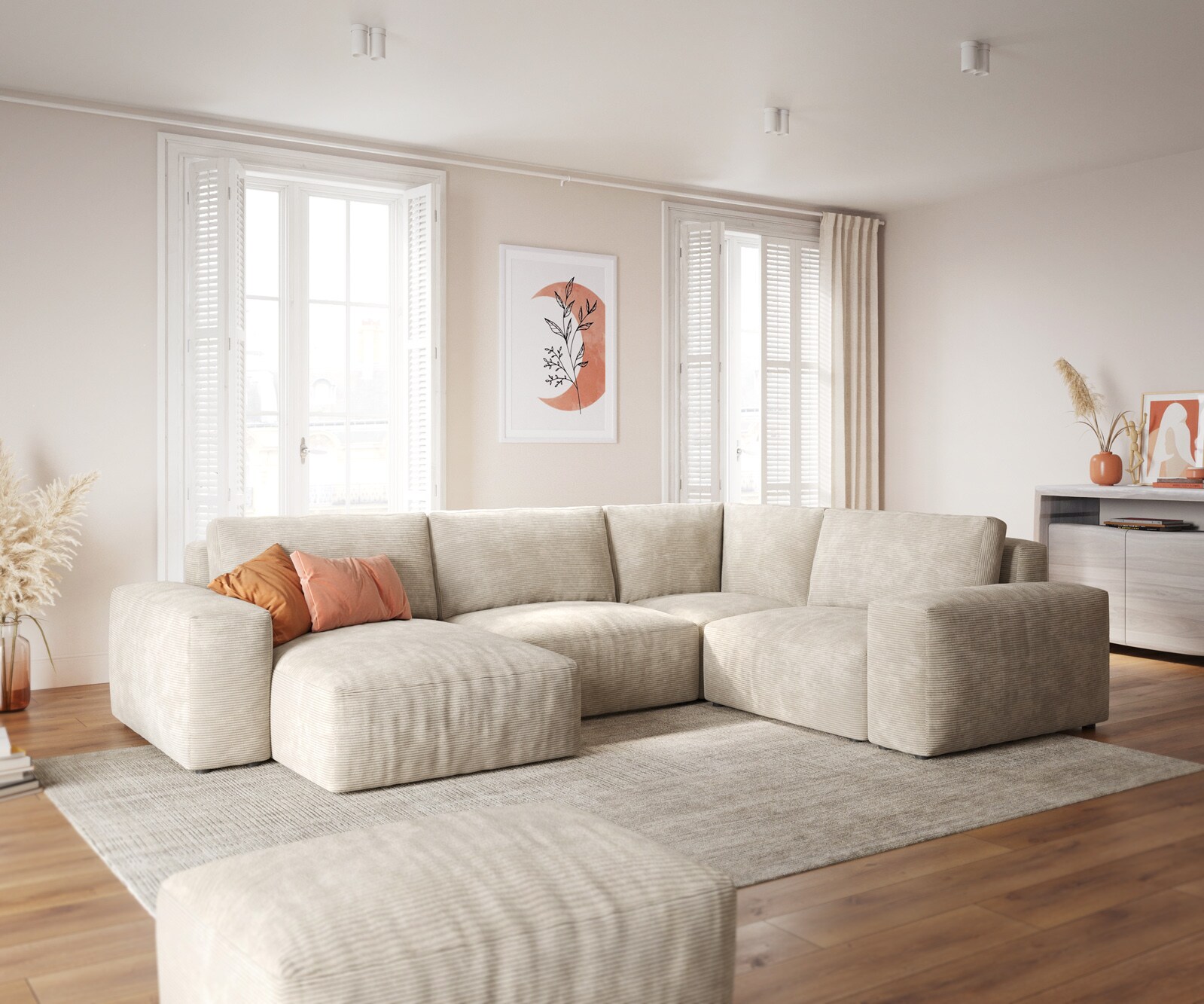 Grand canapé d’angle Lanzo cm velours côtelé beige méridienne réversible avec pouf