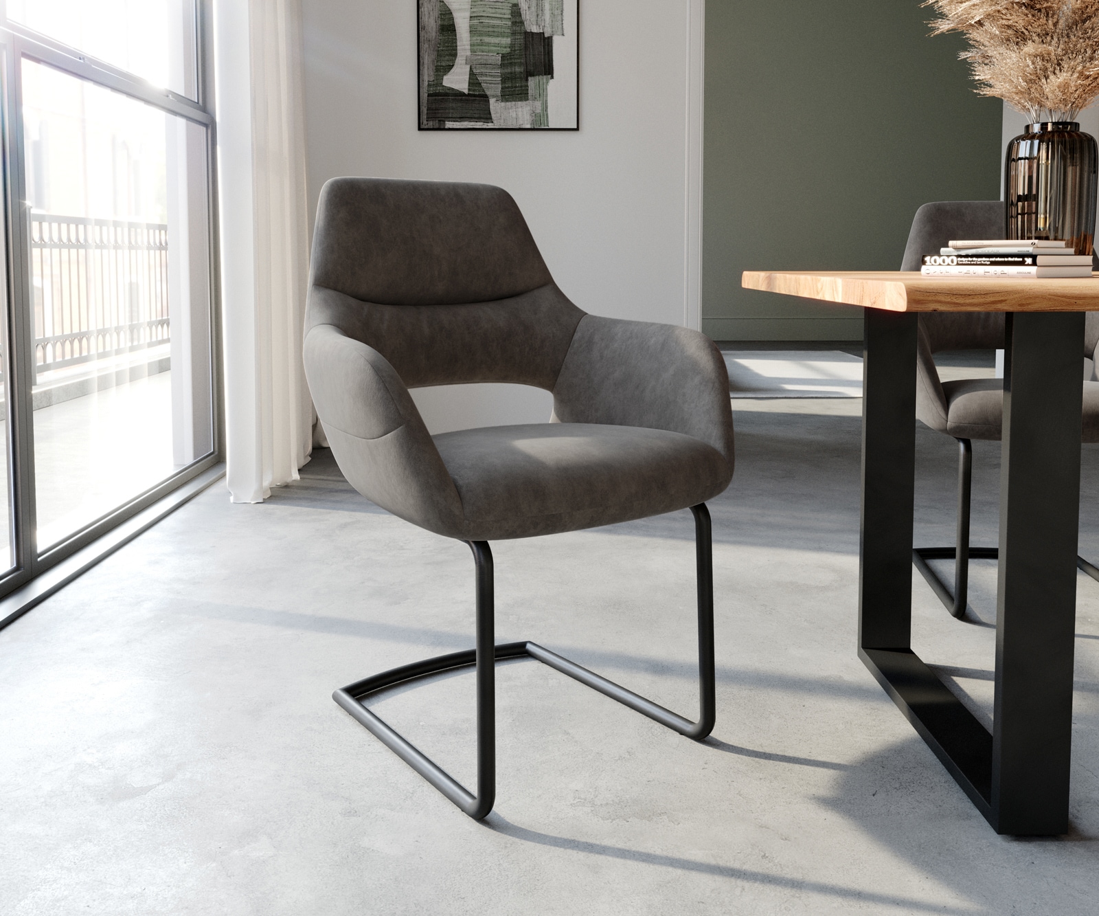 Freischwinger Yago-Flex mit Armlehnen Mikrofaser Anthrazit Vintage Freischwinger rund Schwarz Taschenfederkern 1