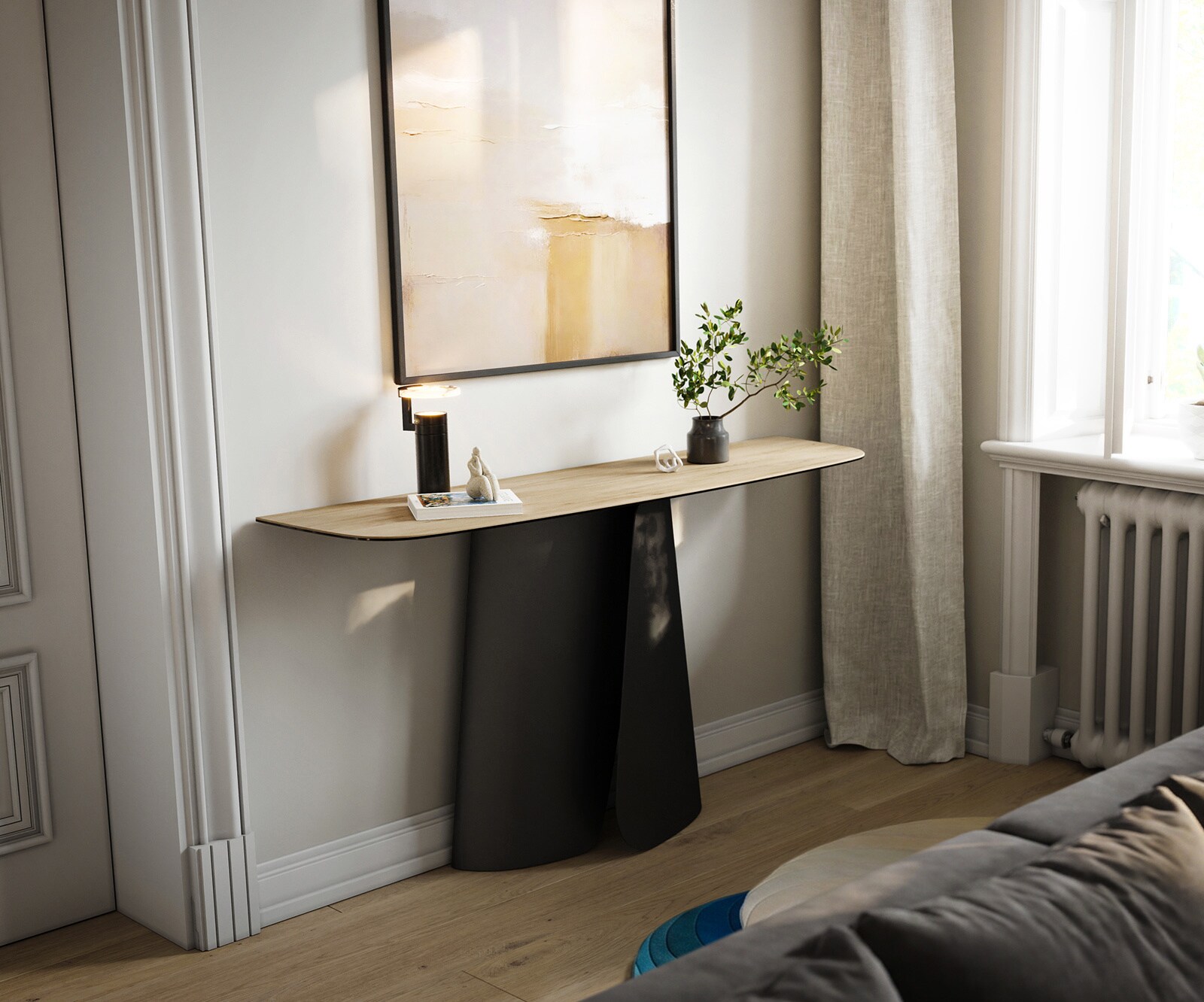 Konsolentisch Edge Boot 140x40 cm Keramik Laminam® Sabbia Eichefarbig Livos Metall Schwarz 3