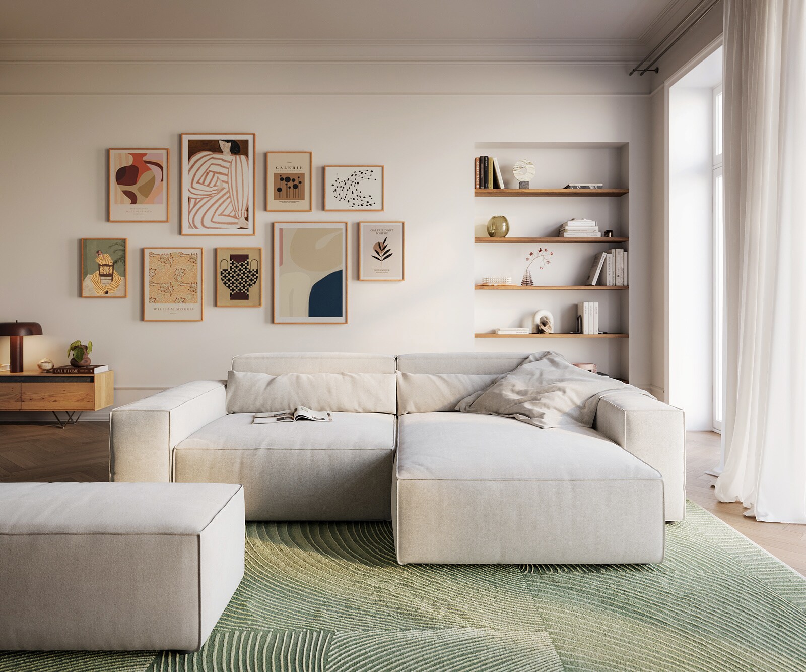Ecksofa Sirpio XL 270x170 cm Strukturstoff Soft Beige Recamiere variabel mit Hocker 1