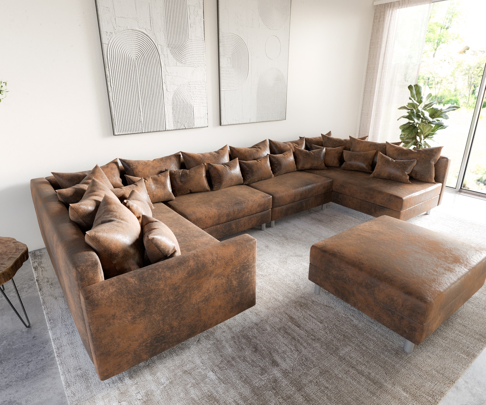Wohnlandschaft Clovis XL modular Braun Antik Optik Hocker Armlehne 1
