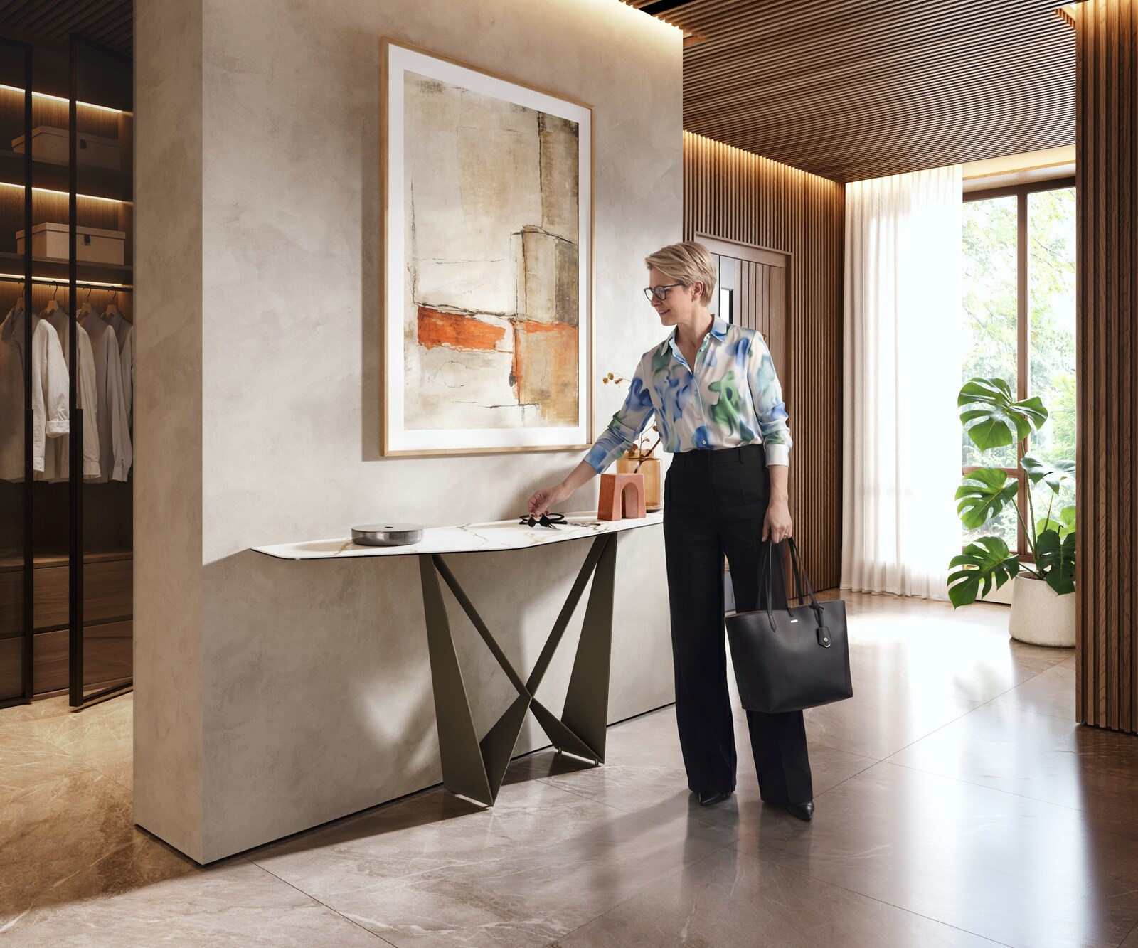Konsolentisch Edge Polygonal 180x50 cm Keramik Calacatta Luxe Weiß-Gold-Grau Spios Metall Effektfinish Titan 6
