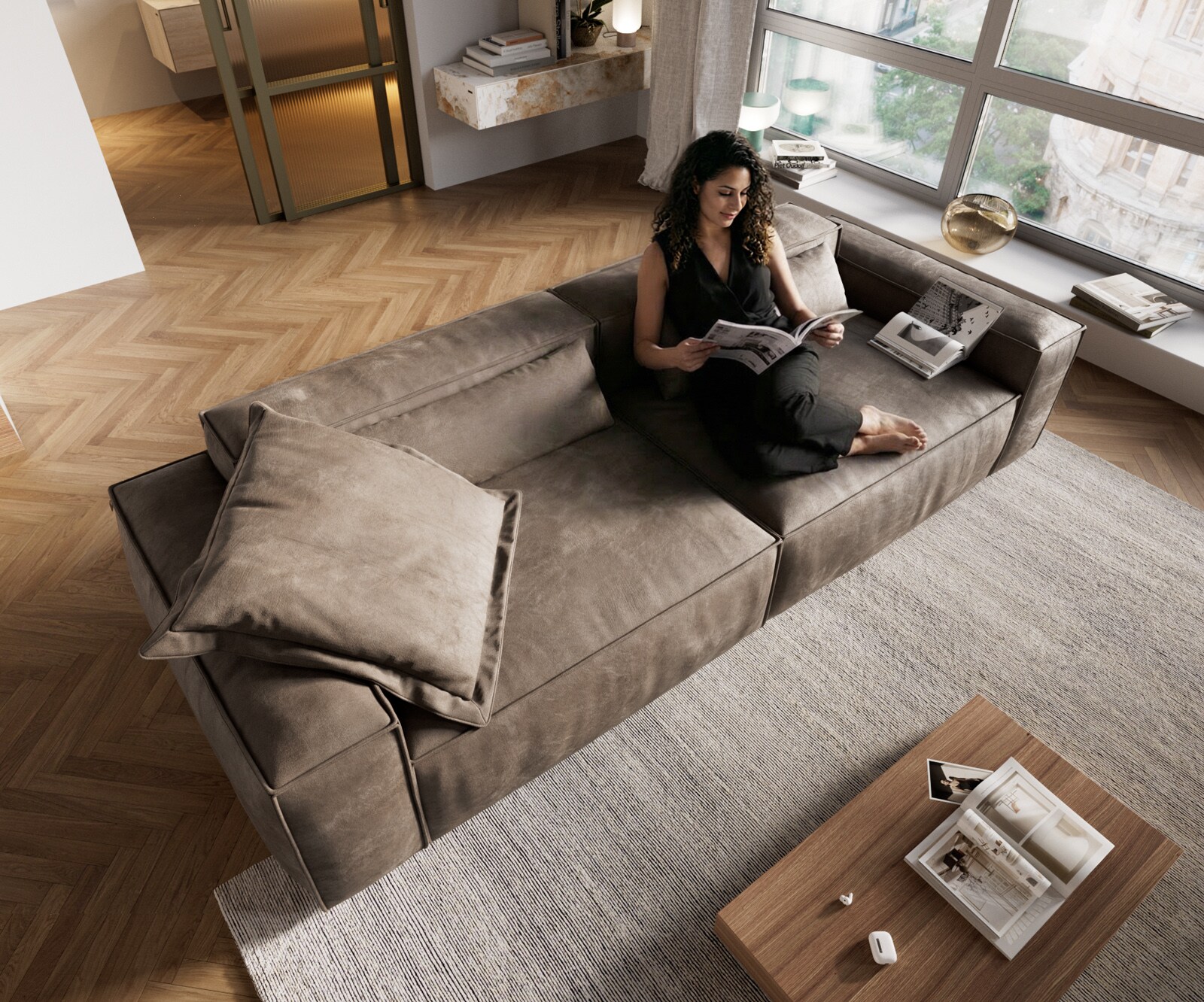 Big-Sofa Freestyle 280x110 cm Mikrofaser Taupe Vintage Kedernaht 3