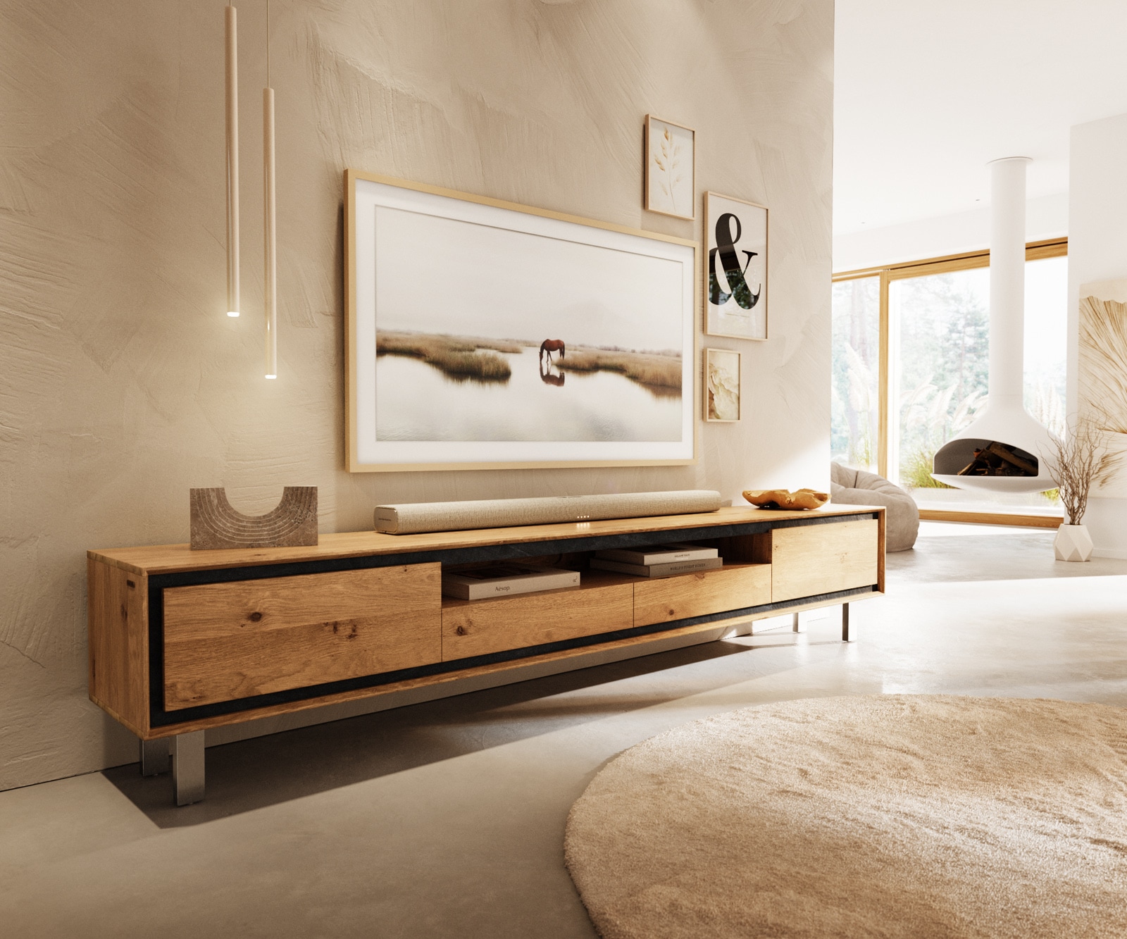 Lowboard Stonegrace 240 cm Eiche Natur 2 Türen 2 Schubladen 1 Fach Fuß Vierkant Edelstahl gebürstet Lowboard Stonegrace 240 cm Eiche Natur 2 Türen 2 Schubladen 1 Fach Fuß Vierkant Edelstahl gebürstet