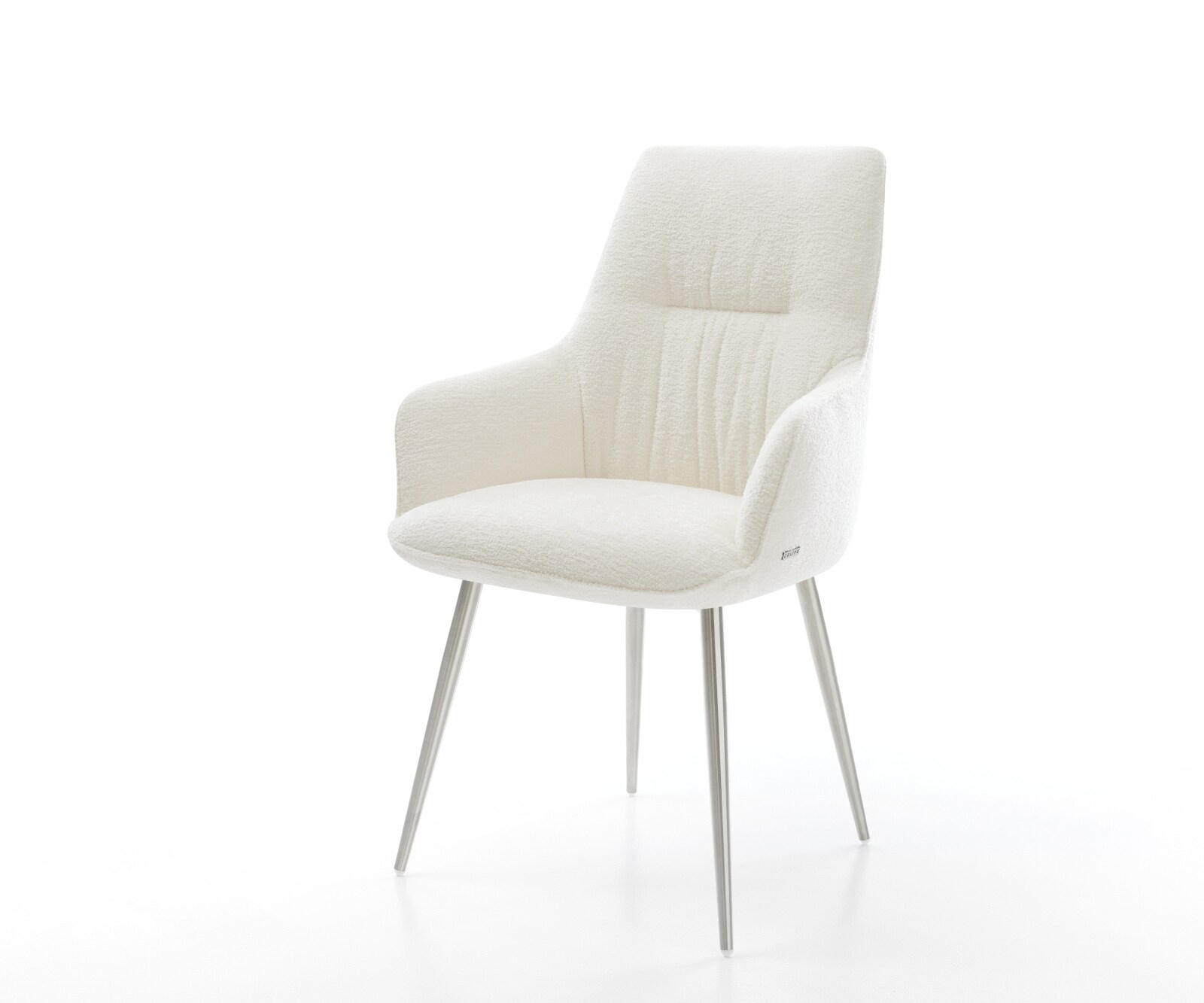 Esszimmerstuhl Zelia-Flex mit Armlehnen Bouclé Soft Beige 4-Fuß konisch Edelstahl Taschenfederkern