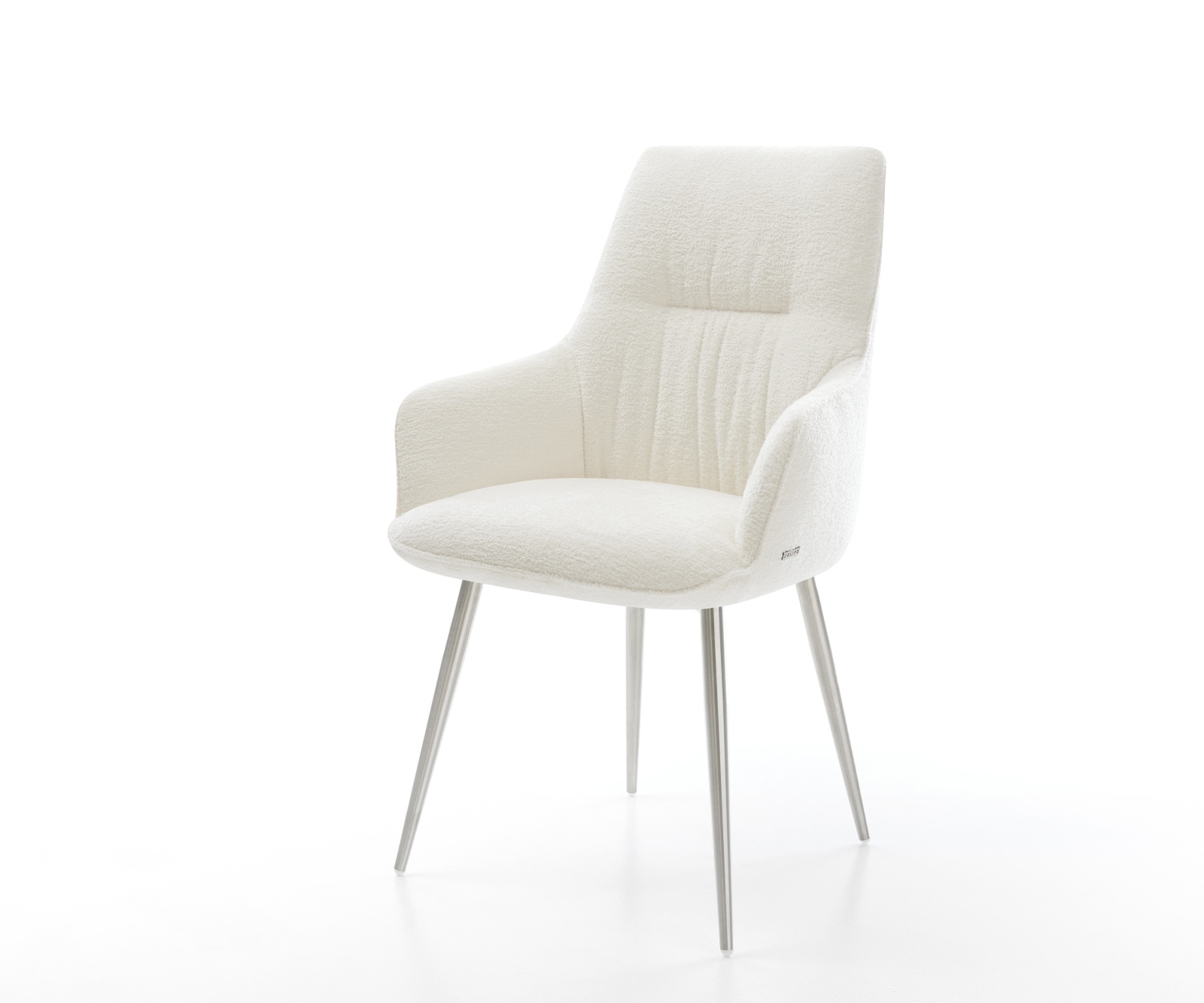 Esszimmerstuhl Zelia-Flex mit Armlehnen Bouclé Soft Beige 4-Fuß konisch Edelstahl Taschenfederkern
