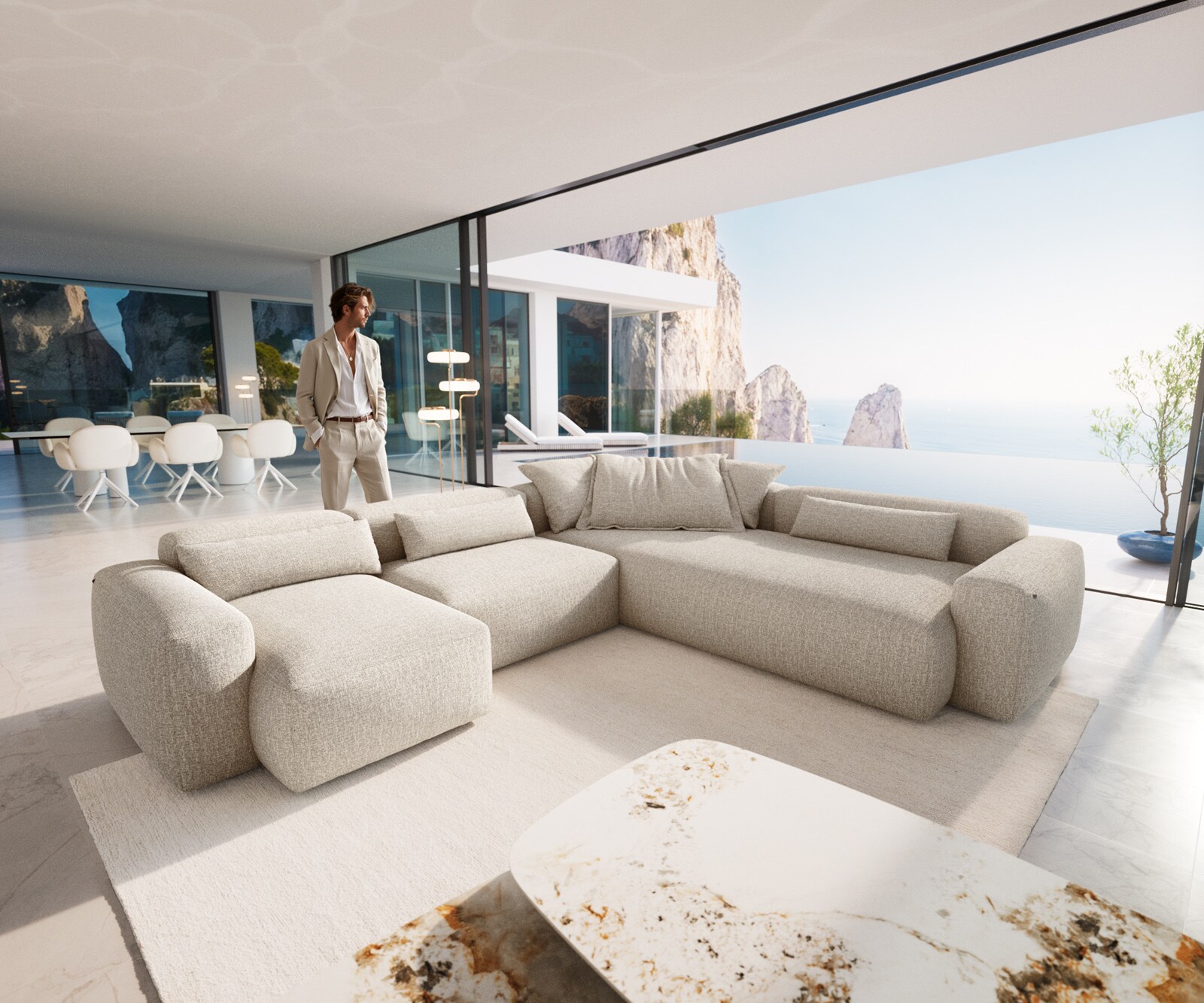 Wohnlandschaft Freestyle 360x290 cm Webstoff Soft Beige Kappnaht