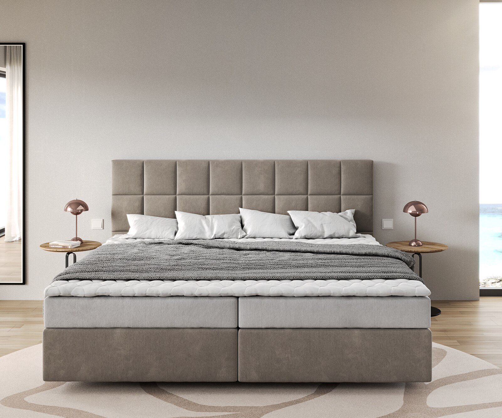 Boxspringbett Dream-Fine Mikrofaser Beige 200x200 cm Bonell-Matratze PU-Topper 1