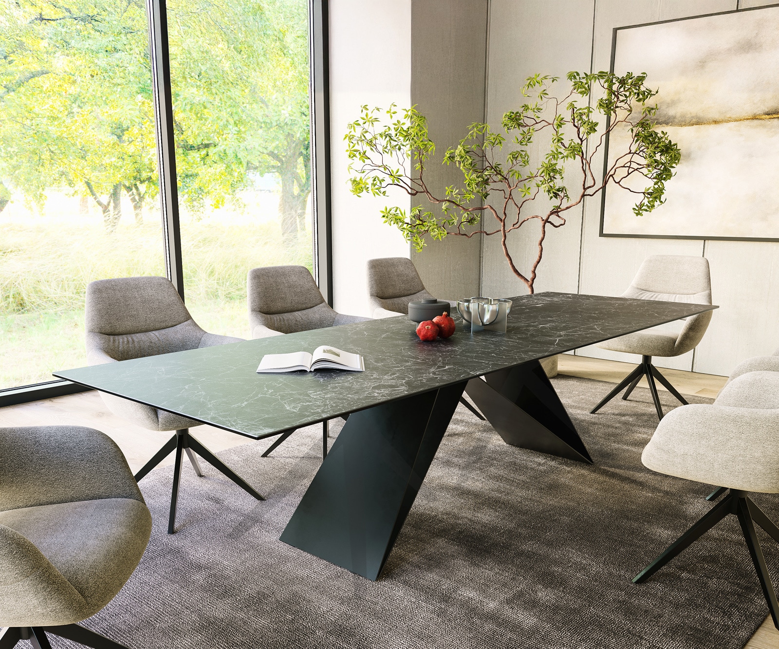 Esstisch Edge 300x100cm Keramik Laminam®Nero Greco Anthrazit V-Mittelfuß Schwarz