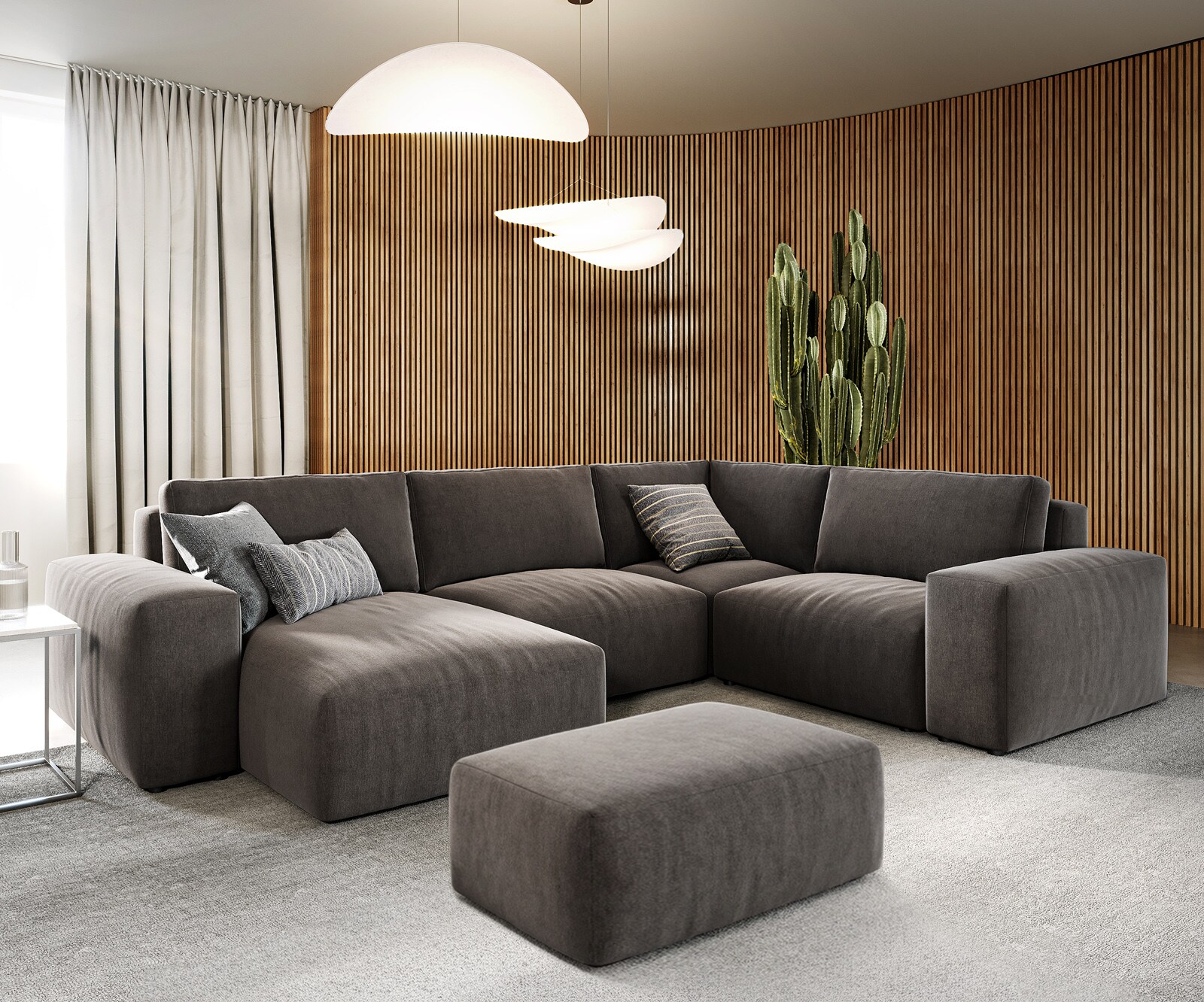 Wohnlandschaft Lanzo 300x210 cm Mikrofaser Khakibraun Recamiere variabel mit Hocker 1