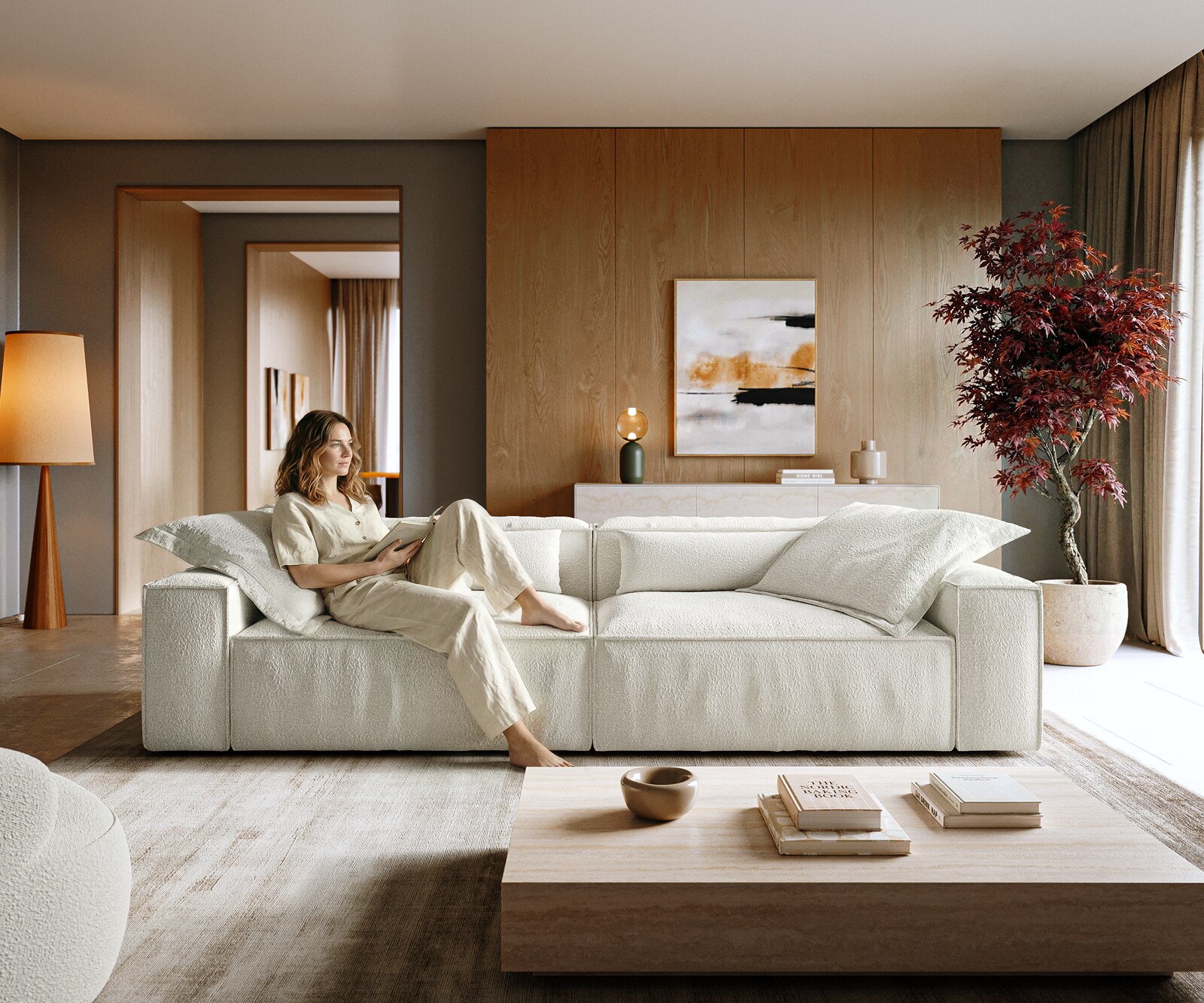 Big-Sofa Freestyle 280x110 cm Bouclé Creme-Weiß Kedernaht