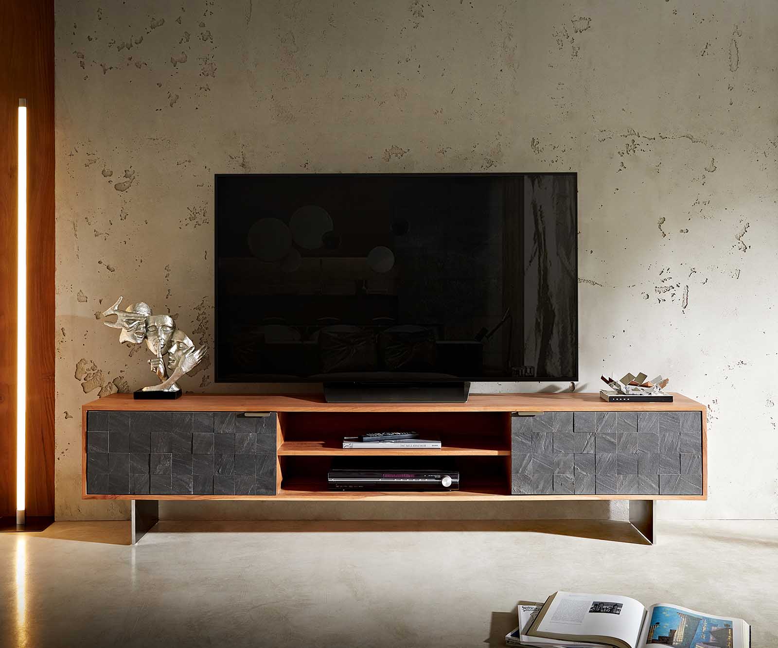 Lowboard Teele 200 cm Akazie Natur Schiefer 2 Türen Fuß schwebend Edelstahl 6 Lowboard Teele 200 cm Akazie Natur Schiefer 2 Türen Fuß schwebend Edelstahl 6