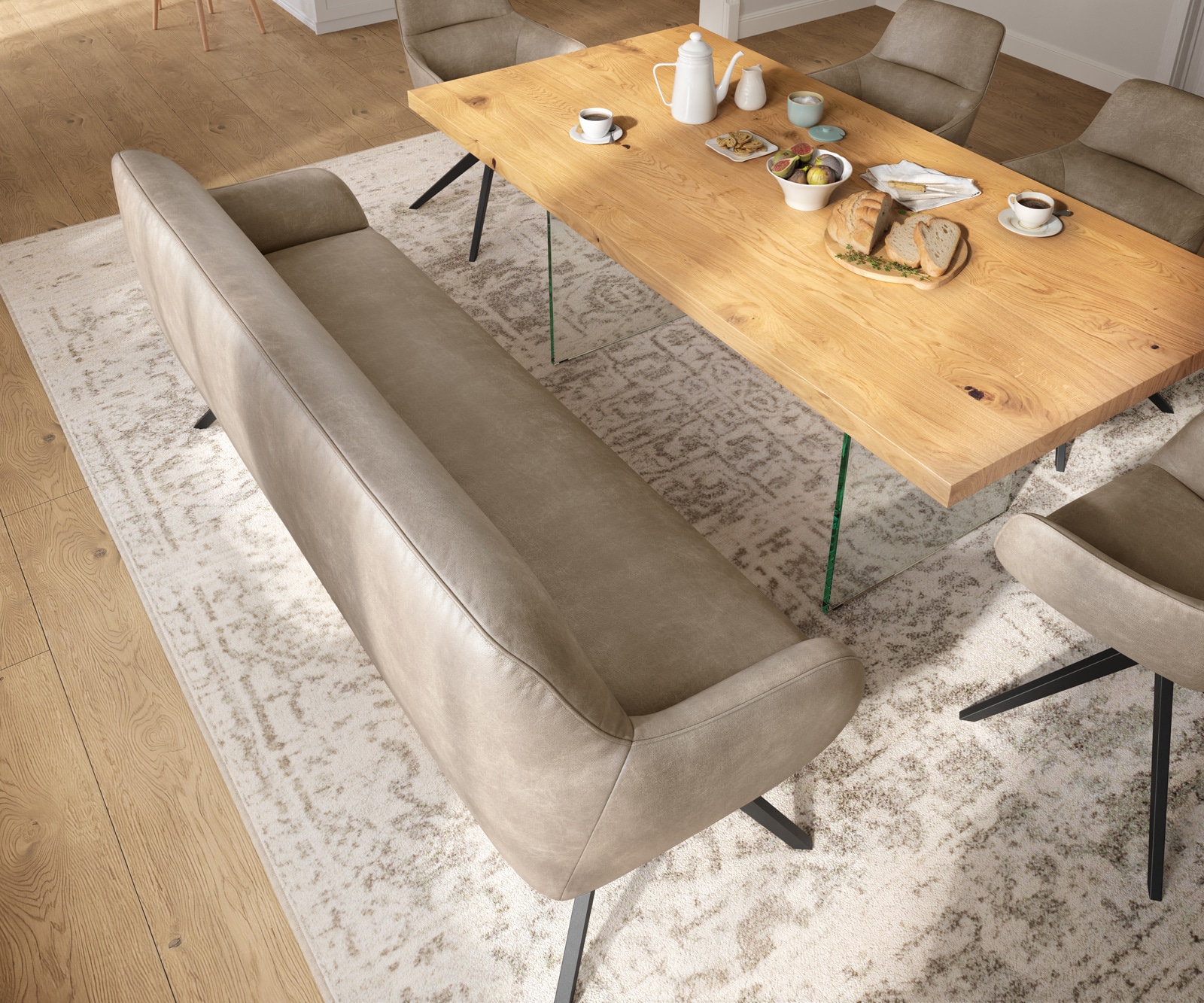 Esszimmerbank Taya-Flex 200 cm Mikrofaser Beige Vintage Kreuzgestell kantig Schwarz Taschenfederkern 3