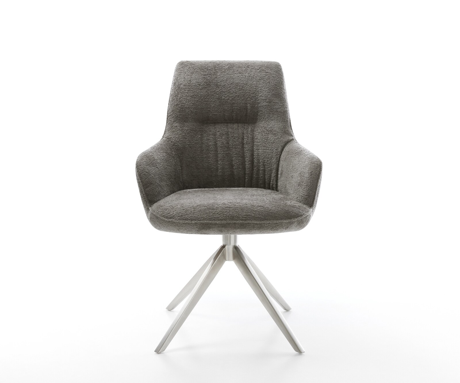 Drehstuhl Zelia-Flex mit Armlehnen Bouclé Soft Schlamm Kreuzgestell breit Edelstahl 360° drehbar Wippfunktion Taschenfederkern 1