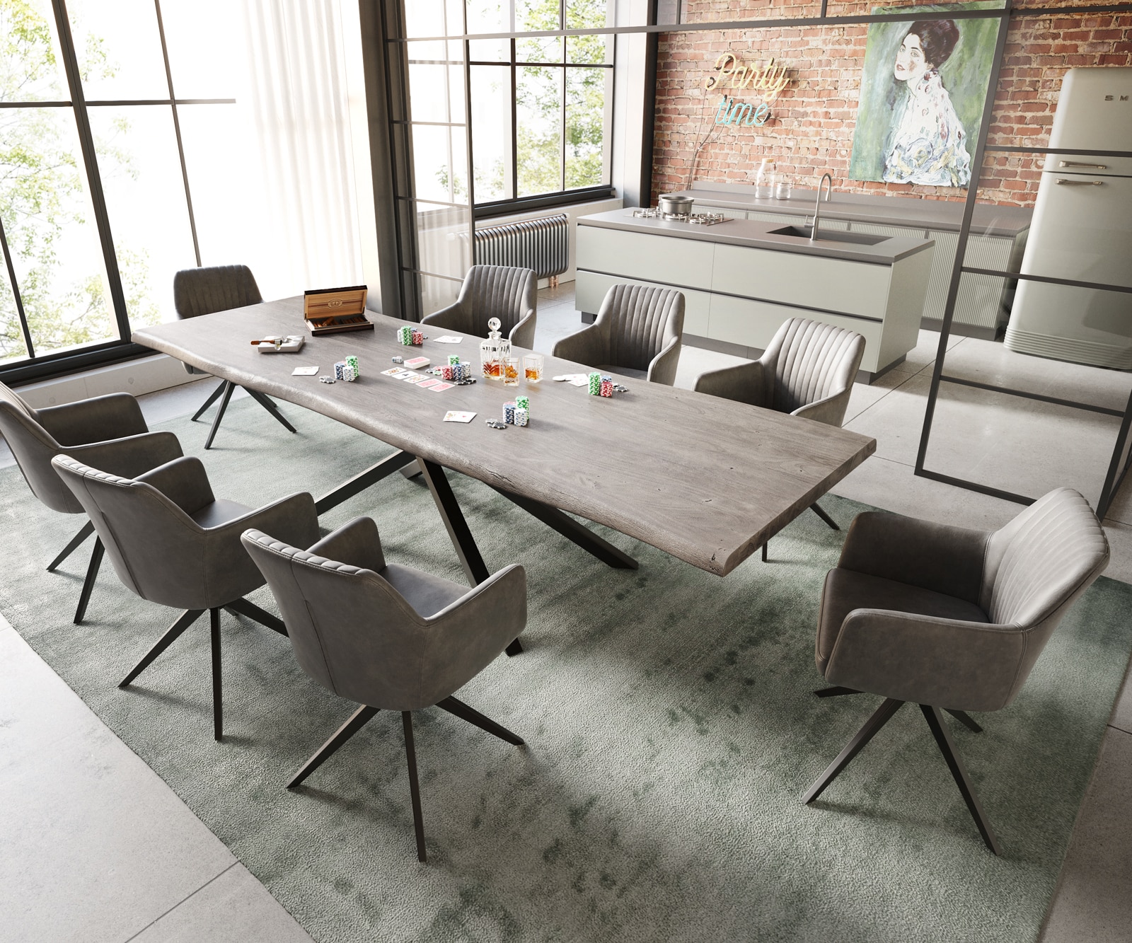 Esstisch Edge 300x100 XL Akazie Platin Kreuzgestell Rechteck Schwarz Live-Edge 5