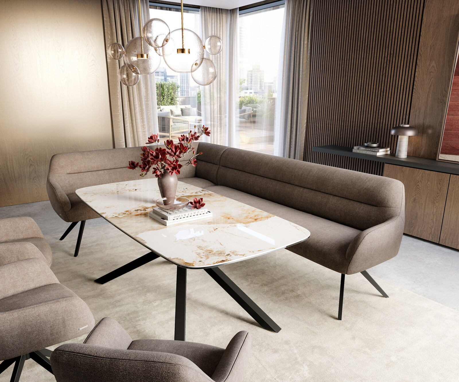 Esszimmerbank Taya-Flex 285x190 cm Strukturstoff Soft Taupe Kreuzgestell kantig Schwarz Taschenfederkern Rechts