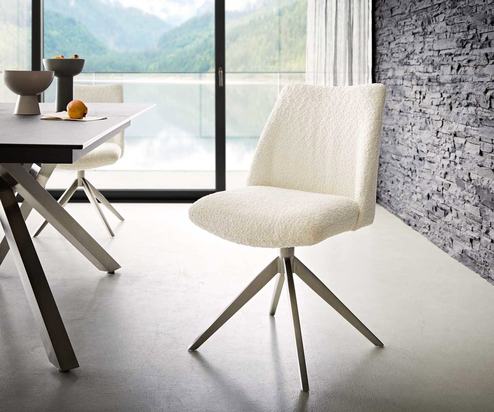 Drehstuhl Elso-Flex Bouclé Weiß Kreuzgestell breit Edelstahl 360° drehbar Taschenfederkern