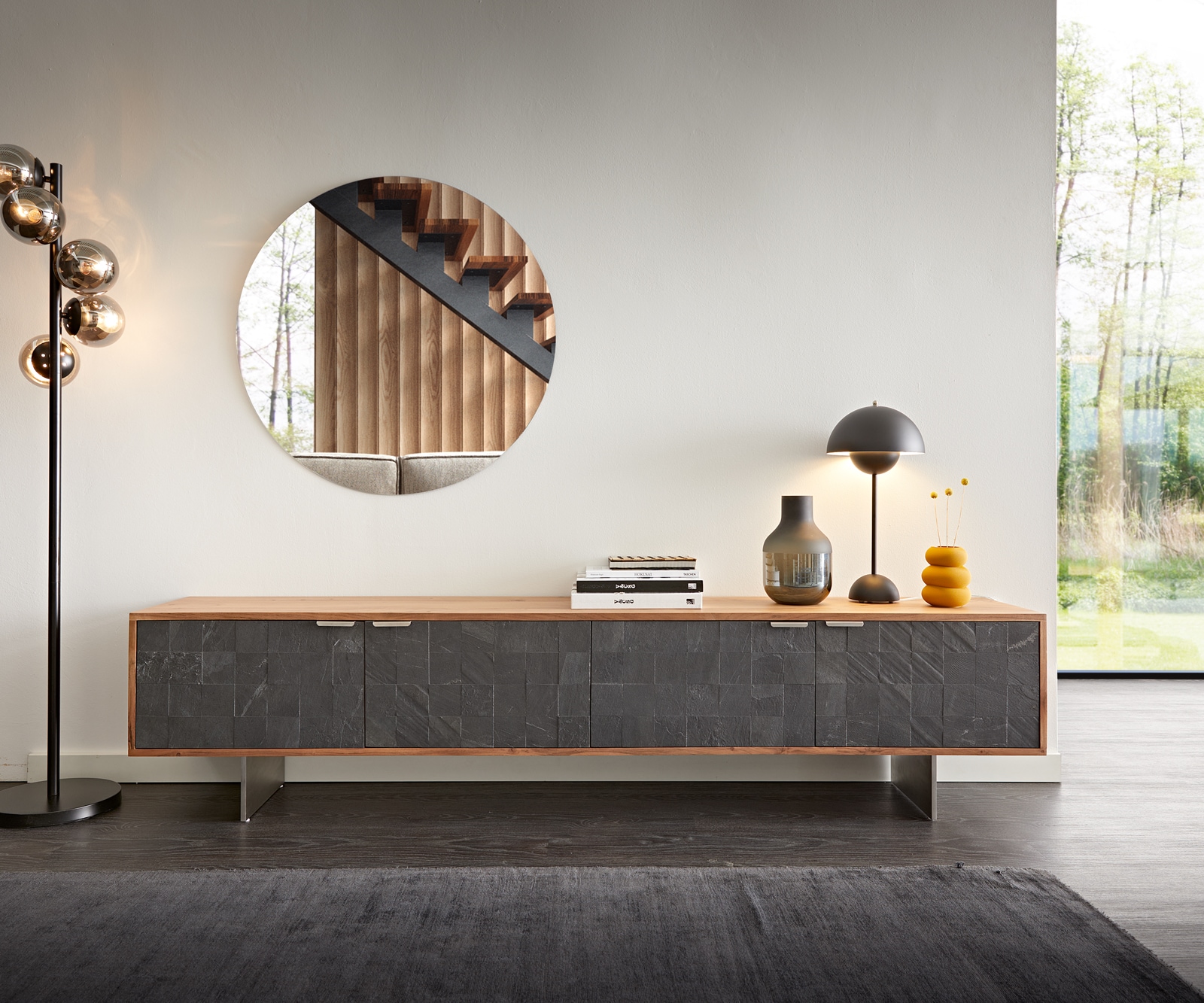 Lowboard Teele 200 cm Akazie Natur Schiefer 4 Türen Fuß schwebend Edelstahl 2 Lowboard Teele 200 cm Akazie Natur Schiefer 4 Türen Fuß schwebend Edelstahl 2