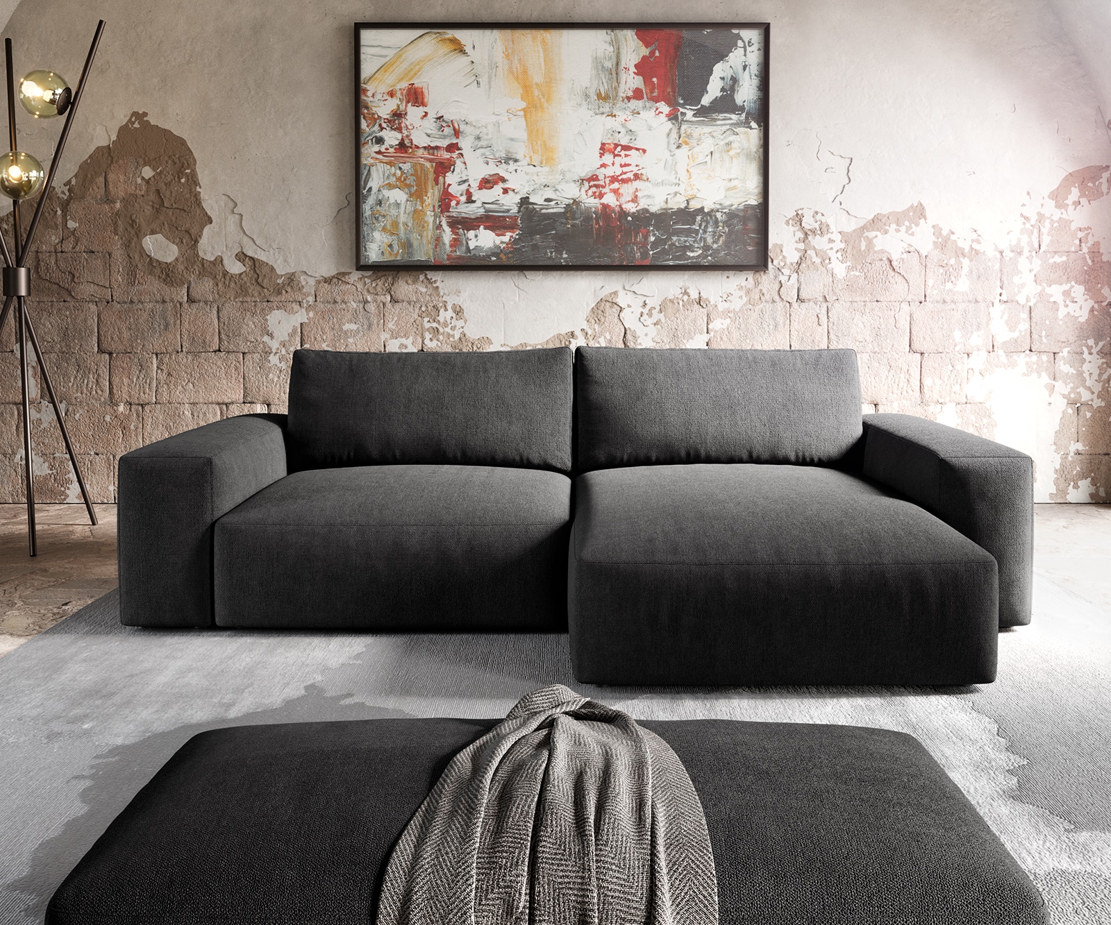 Ecksofa Lanzo XL 270x180 cm Mikrofaser Schwarz Recamiere variabel mit Hocker 2