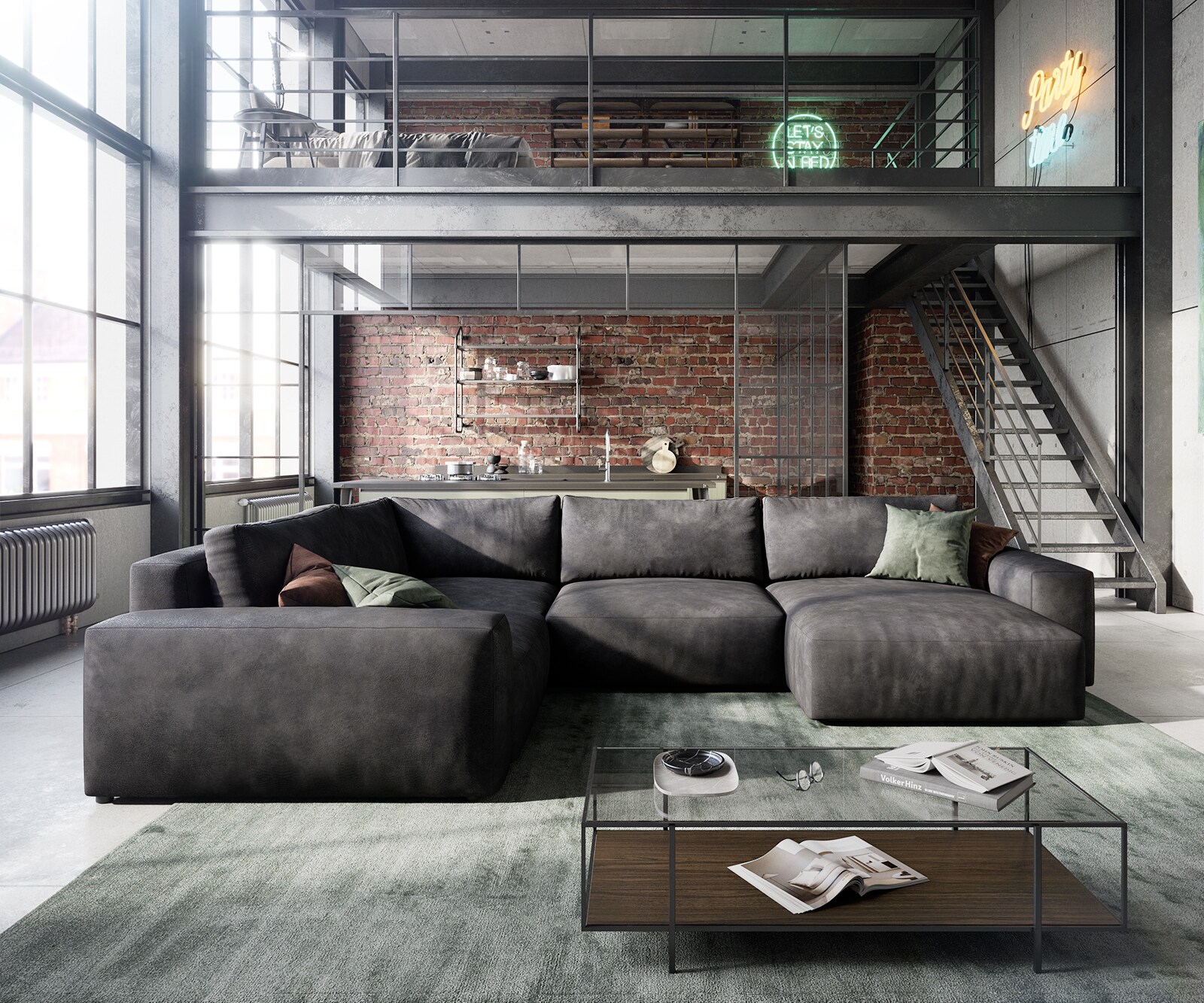 Wohnlandschaft Lanzo 300x210 cm Lederimitat Vintage Anthrazit Recamiere variabel 1