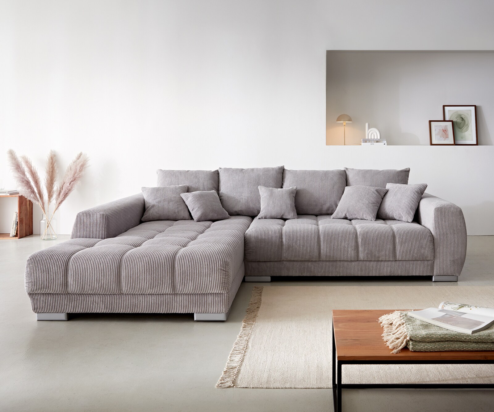 Ecksofa Josea 300x220 cm Cord Silbergrau Ottomane links 1