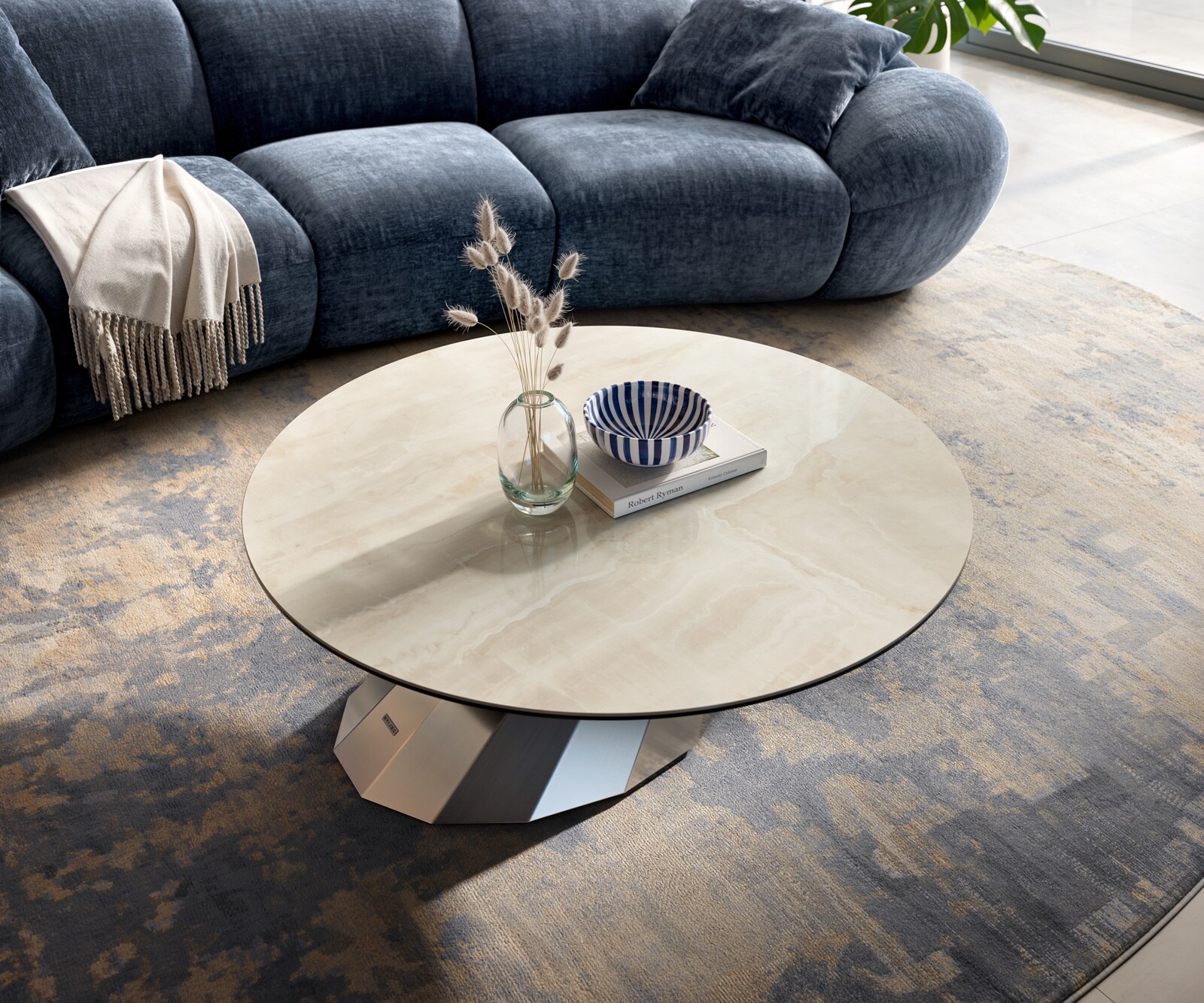 Couchtisch Edge Rund 100x100 cm Keramik Onyx Champagne Parabi Edelstahl gebürstet 2