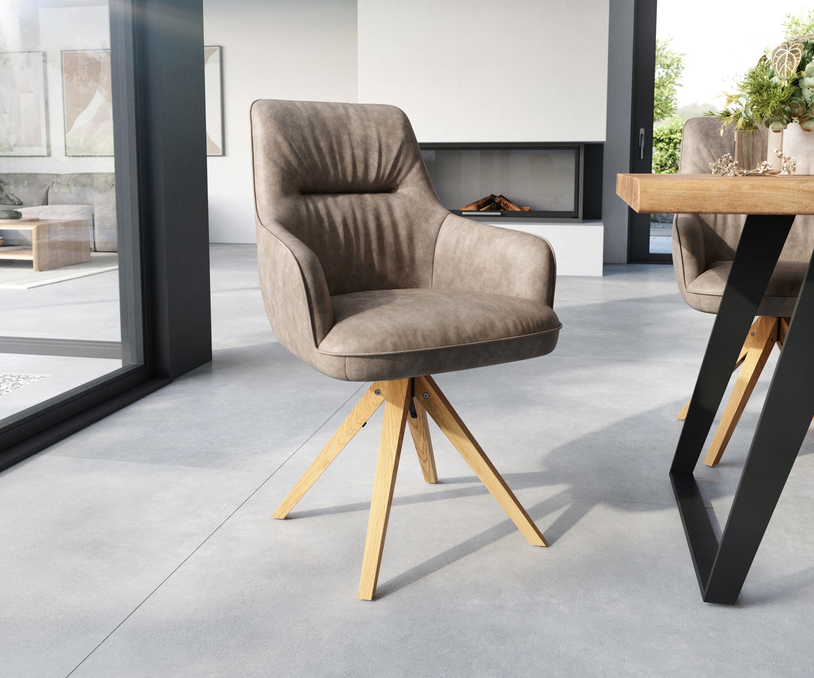 Esszimmerstuhl Zelia-Flex mit Armlehnen Mikrofaser Taupe Vintage Holzgestell kantig Natur 360° drehbar Taschenfederkern