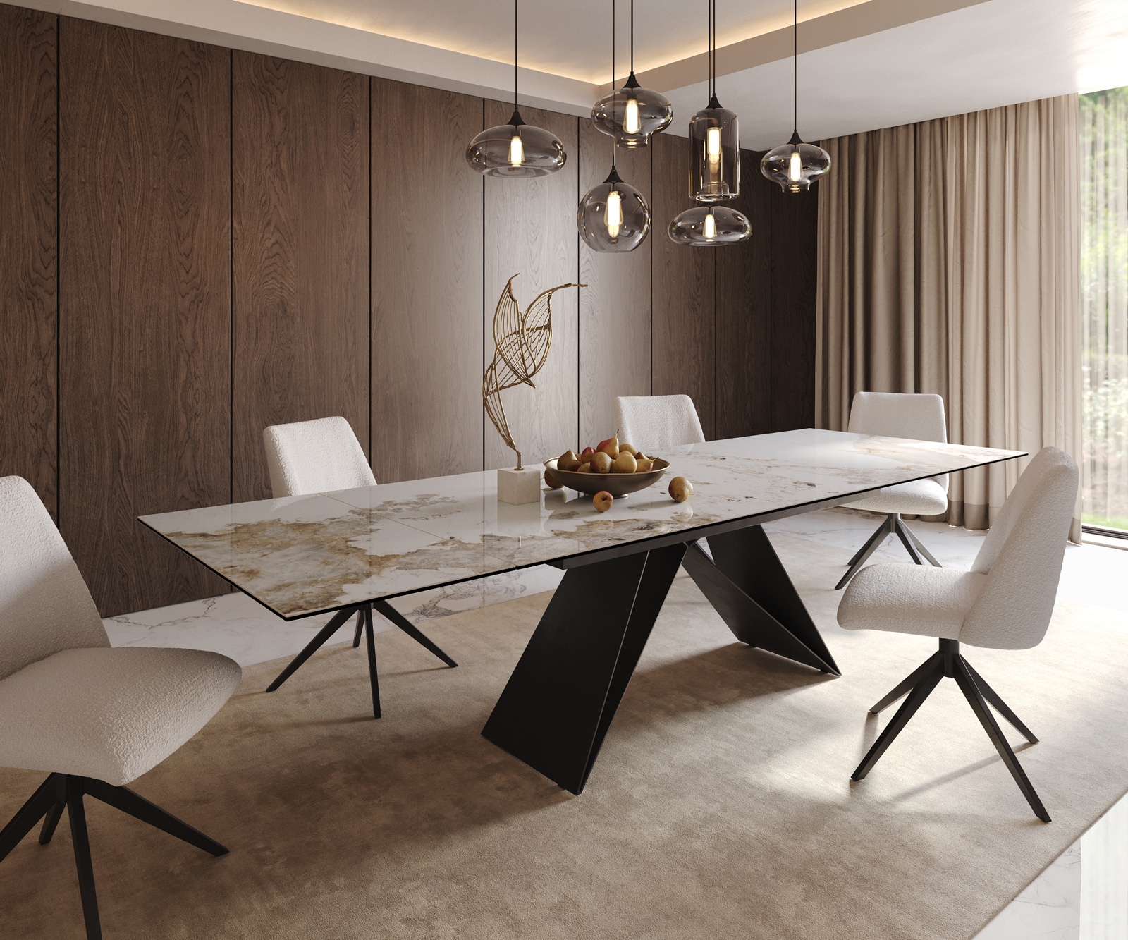 Esstisch Edge 200-300x100 Keramik Minas Melange Weiß-Beige V-Gestell Flachstahl Schwarz ausziehbar