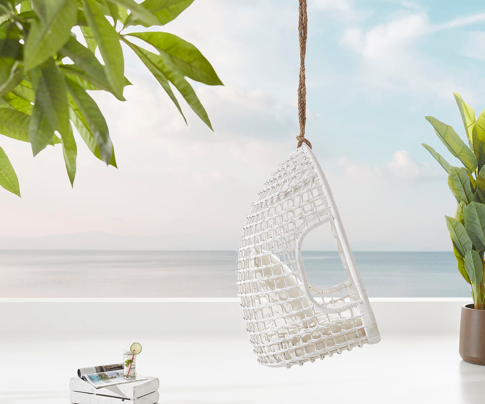 Hängesessel Edessa mit Kissen Rattan weiß 2 Hängesessel Edessa mit Kissen Rattan weiß 2